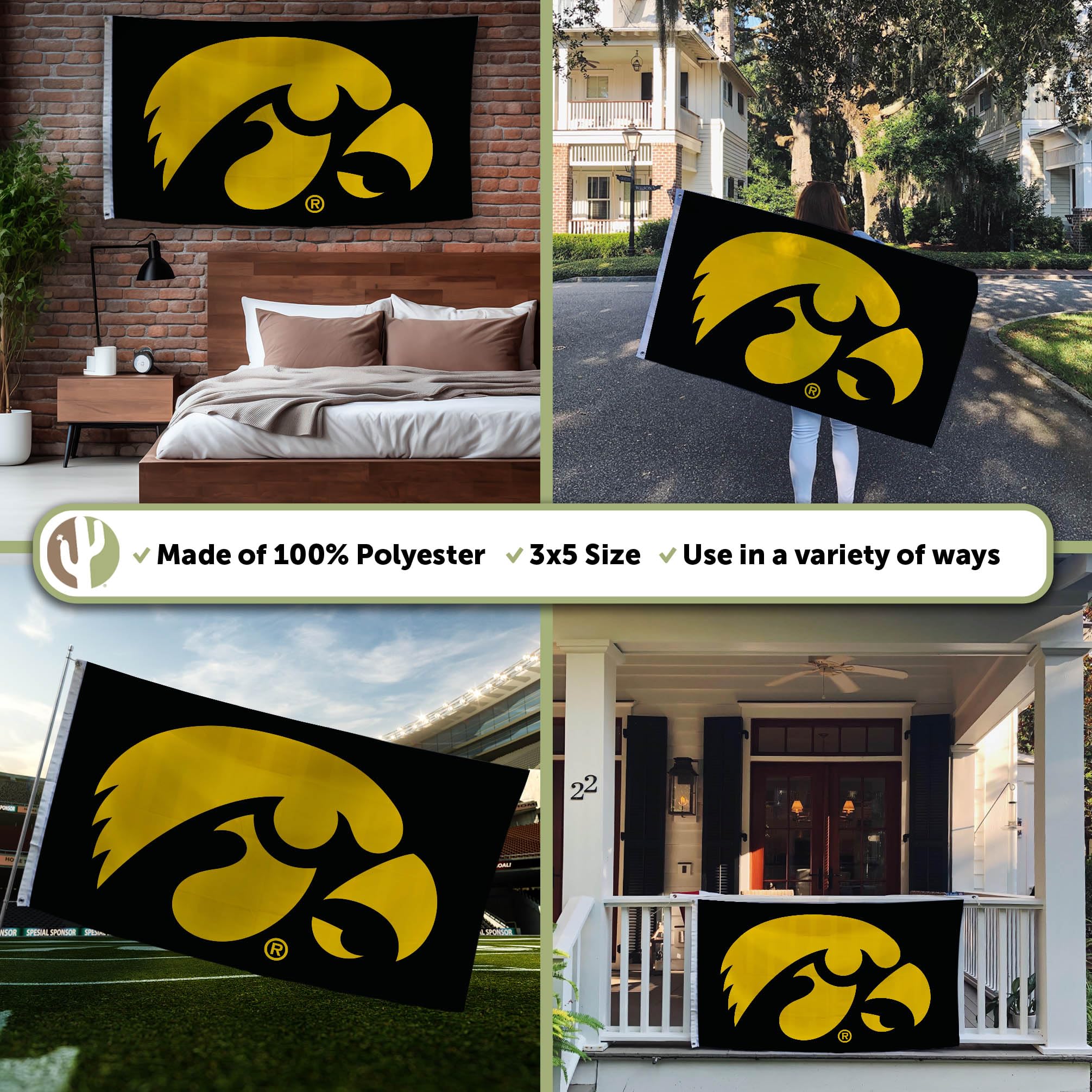 Desert Cactus University Of Iowa Hawkeyes Flag - 3x5 Feet, 100% Polyester, Indoor/Outdoor (Vintage Style) - View #5