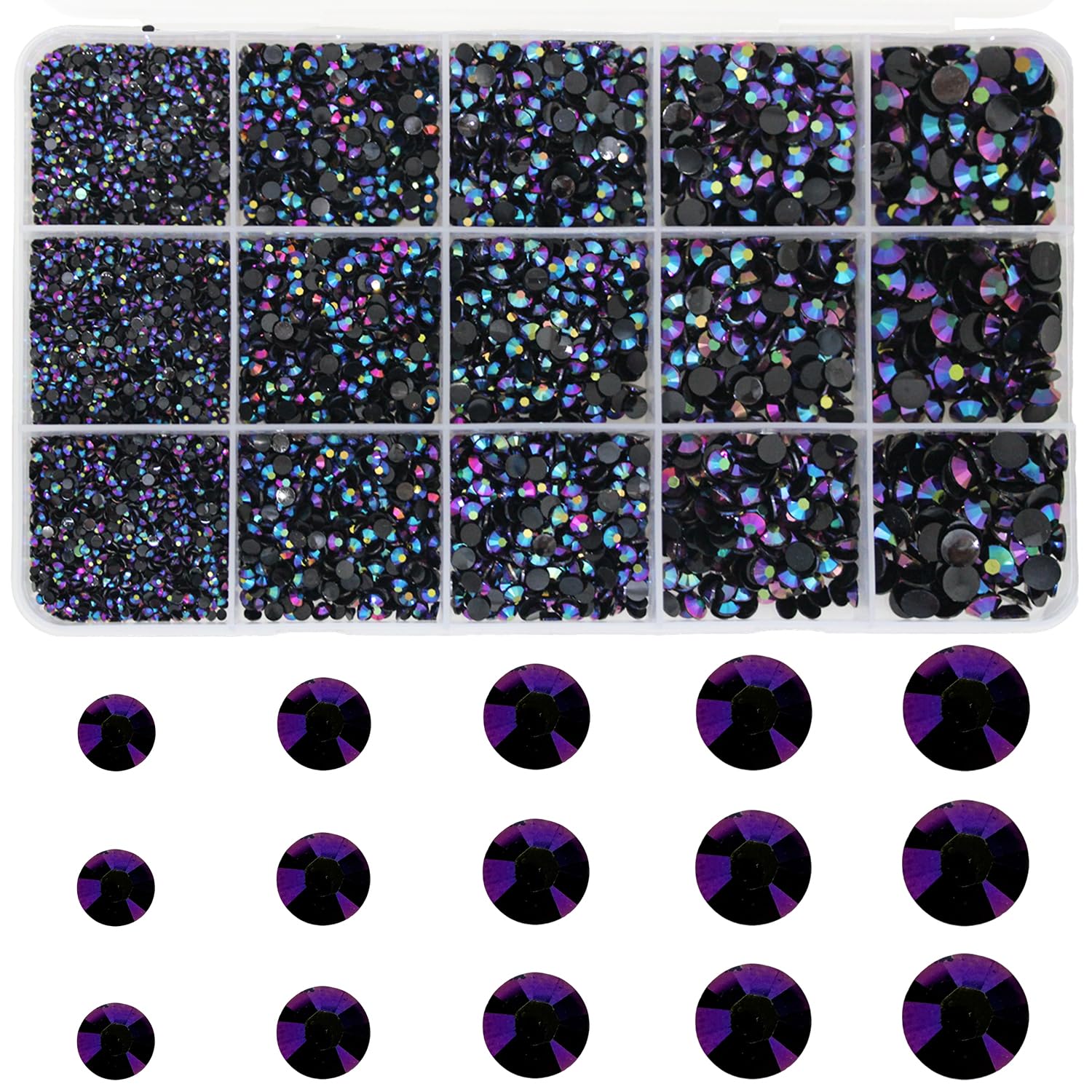 9600Pcs Strasssteine für Nägel, BetterJonny Strasssteine zum Basteln 2/3/4/5/6mm Nail Art Strasssteine Flatback Edelsteine Runde mit Pinzette und Punktierung Stift für DIY Handwerk Nägel, Schwarz AB