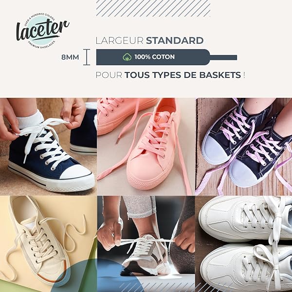Laceter Premium Flat Cotton Shoe Laces for Trainers - Replacement Shoelace for Sports Shoes and Sneakers or for Children - Thickness 8mm - Compatible with Converse, Nike - 4