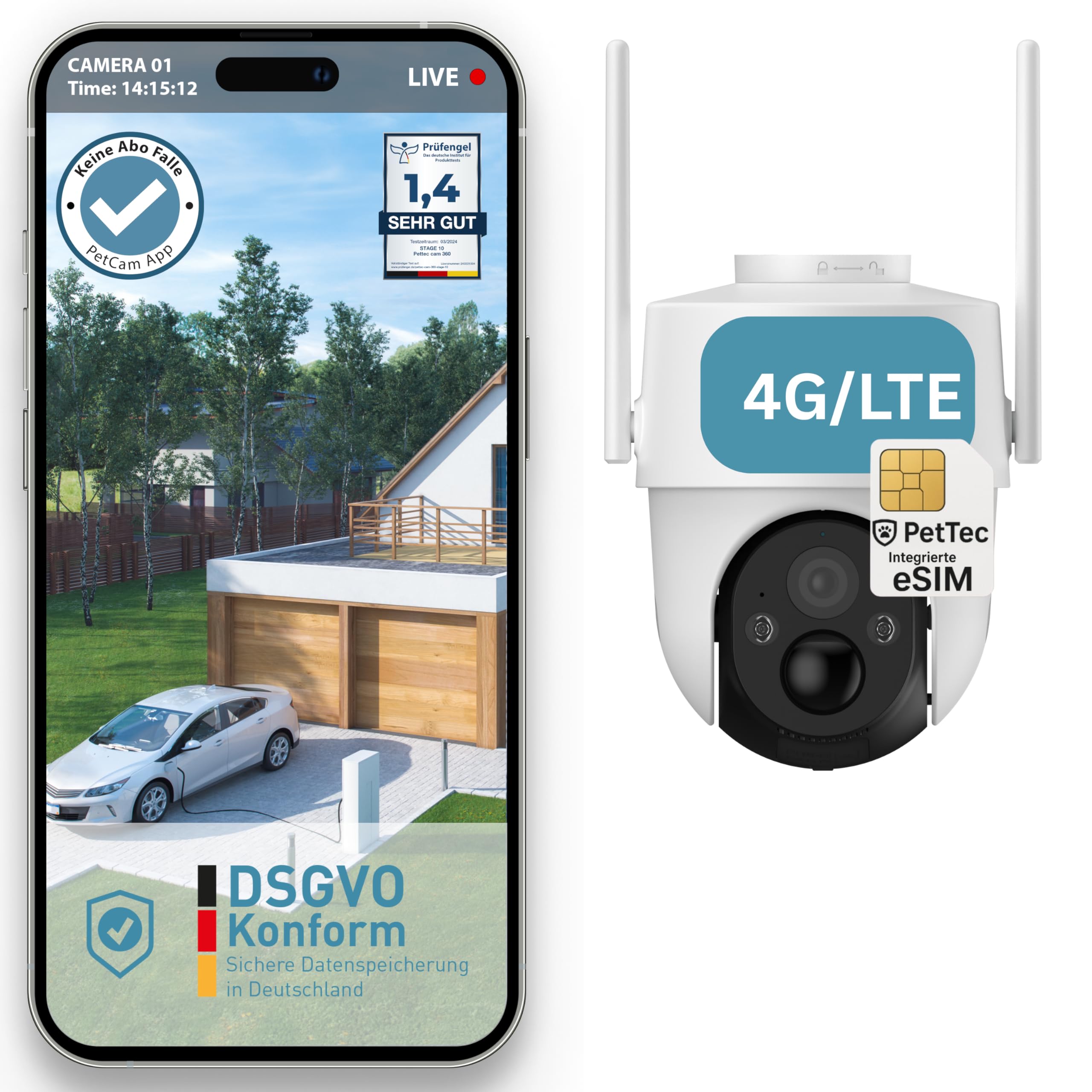 PetTec PetCam Free'n 360 4G LTE Überwachungskamera [OHNE ABO-Falle] für außen mit Akku & Pan&Tilt Funktion - Outdoorkamera 3MP Ultravision, Bewegungserkennung, 20m Nachtsicht IP65 Flutlicht Sirene