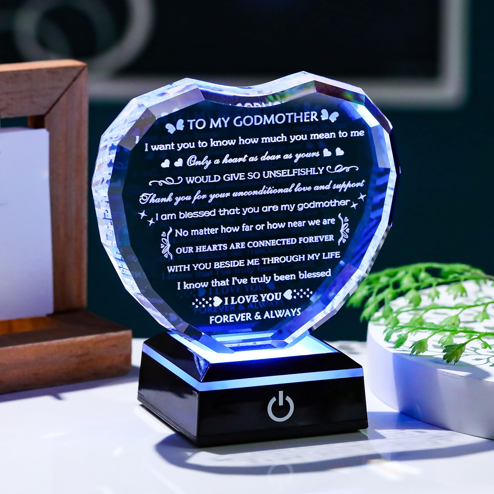 Arikyrist Geschenk für Patenkind mit buntem Lichtsockel, Geburtstagsgeschenk für Patentante, Kristallherz, Andenken an meine Patentante, Geschenke von Patentochter, Patensohn zum Muttertag