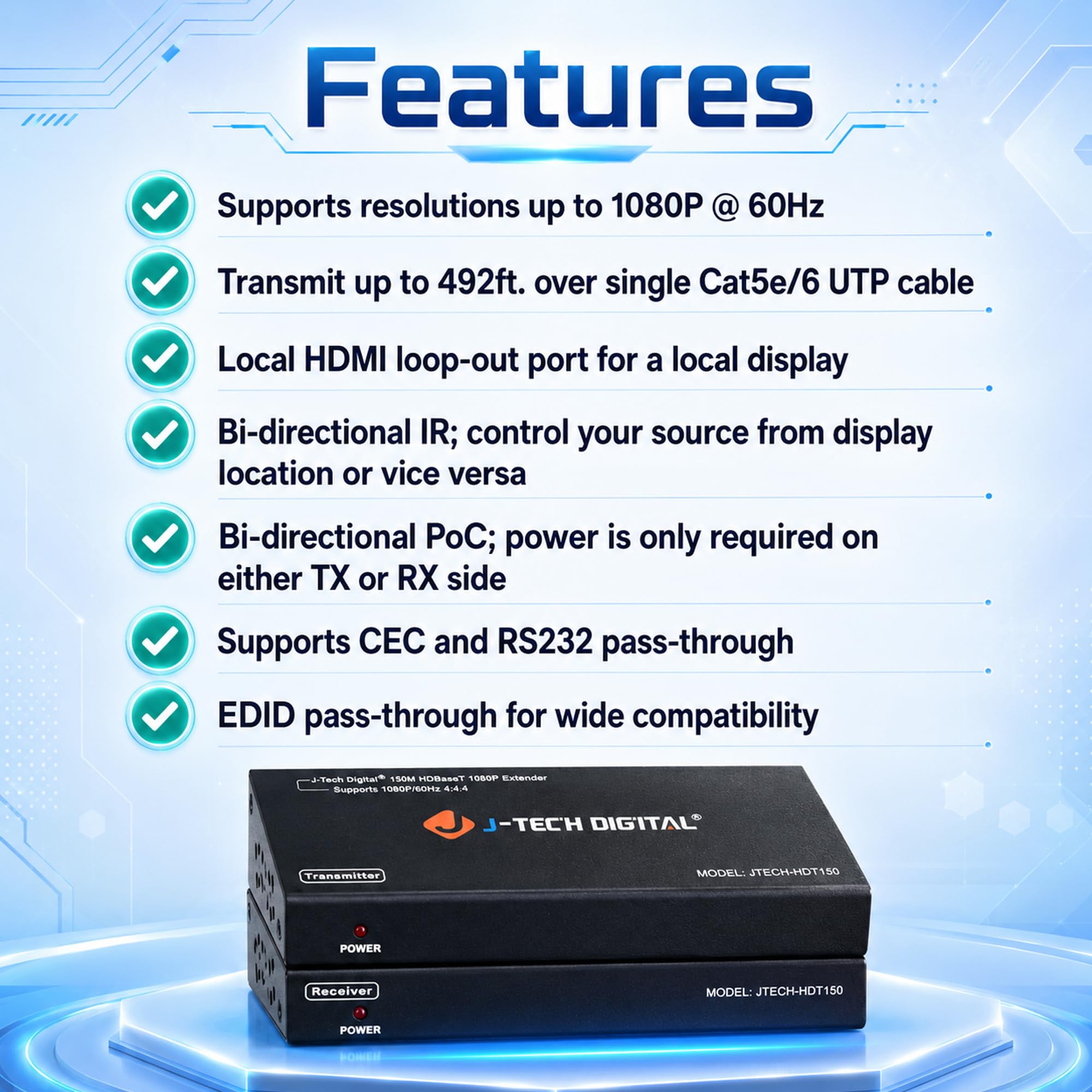 J-Tech Digital Extender HDMI a lungo raggio su Cat6 150 m/492ft HDBaseT 1080P Extender PoC, IR bidirezionale, supporta Dolby Digital, DTS, con passthrough EDID, CEC e RS-232 (JTECH-HDT150)