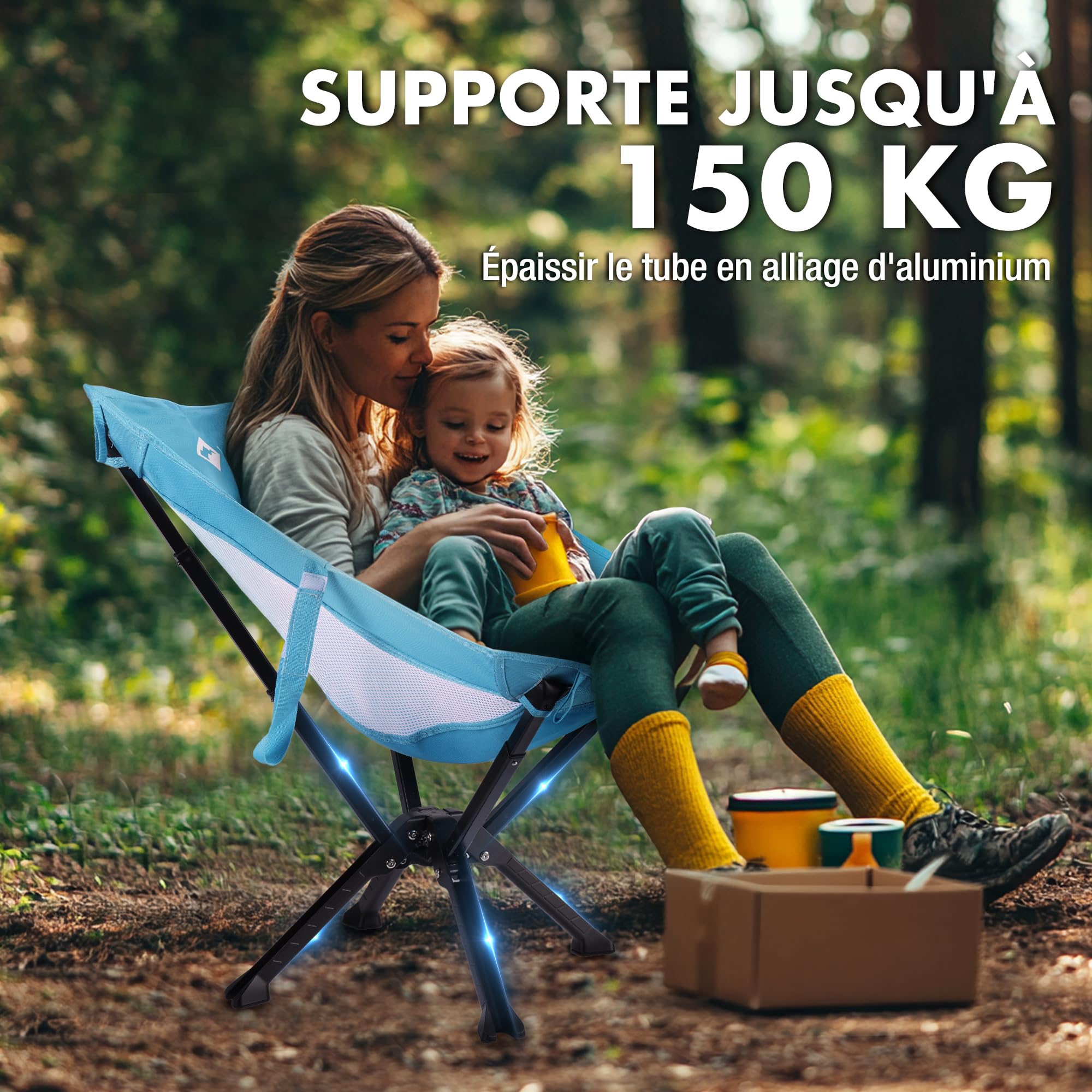 VILLEY Chaise Pliante Camping Légère Bleue | Chaise Pliable Portable avec Sac de Transport, Capacité 150 kg, pour Camping, Voyage, Randonnée, Pique-Nique, Festival