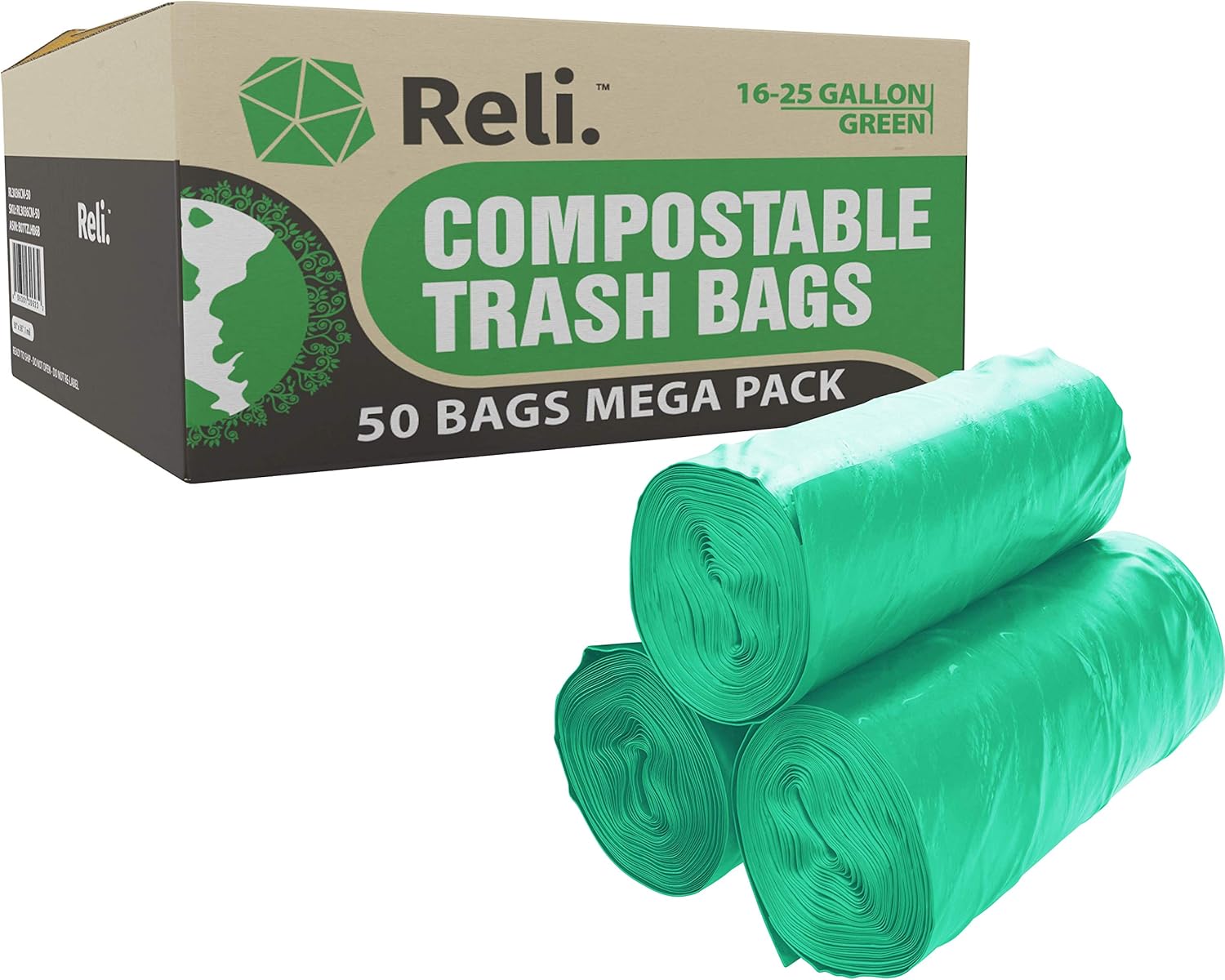 Reli. Compostable 16-25 Gallon Trash Bags | 50 Count | ASTM D6400 | Green | Eco-Friendly | For Compost
