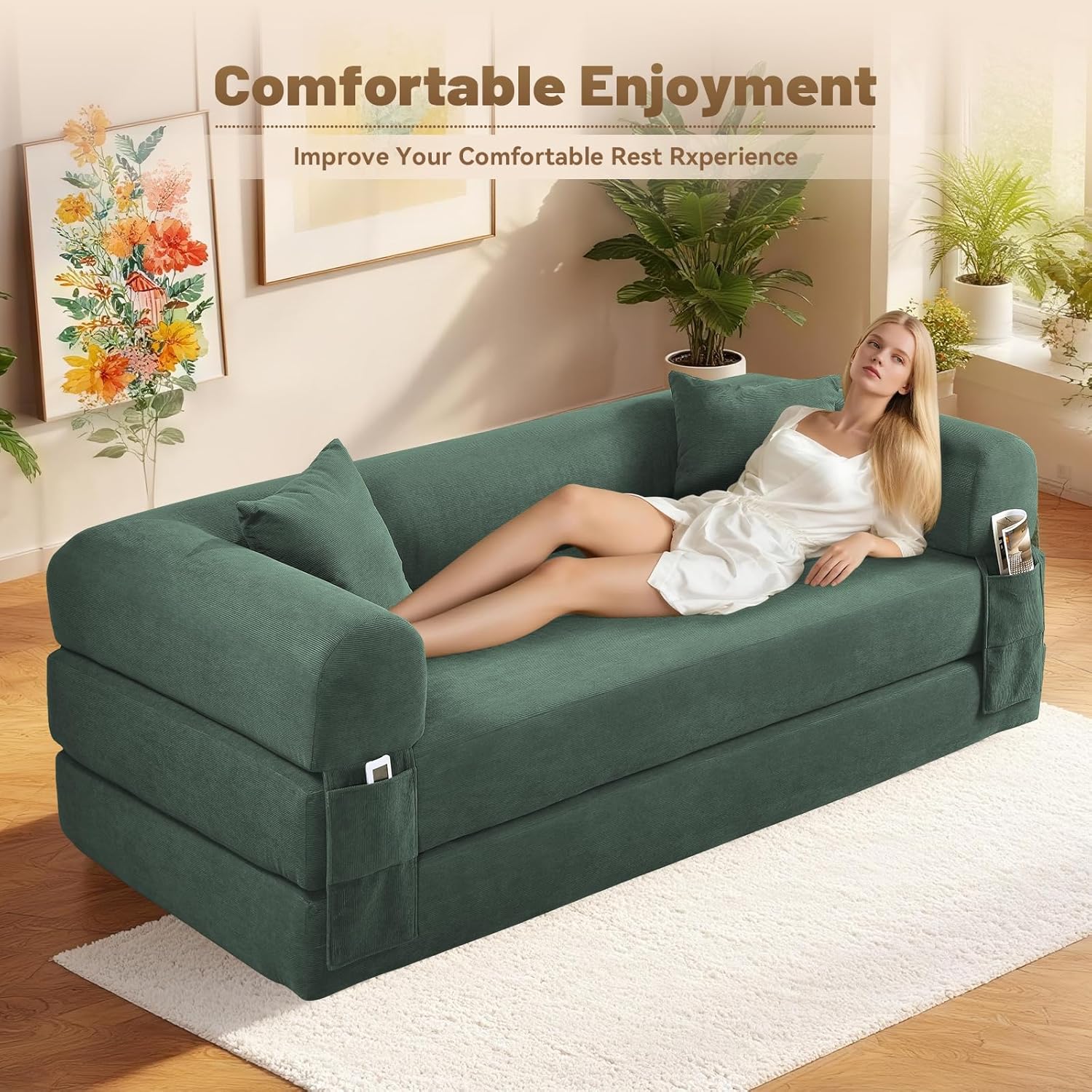 80 Inch Convertible Sofa Bed,Folding Pull Out Couch with Pillows & Storage Pocket,Corduroy Queen Sleeper Sofa in a Box,No Assembly Boneless Couch for Living Room,Light Green