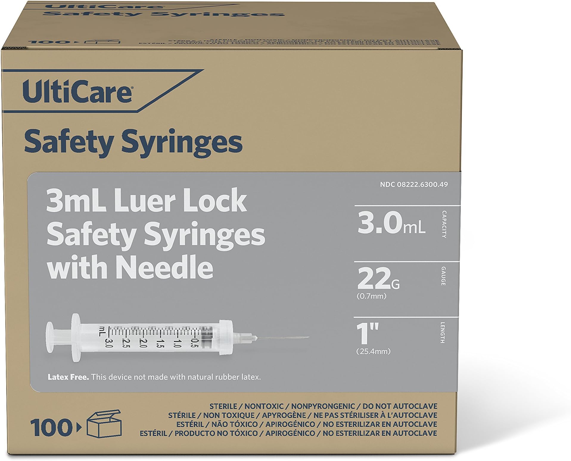 UltiCare 63004 Safety Syringes with Detachable Needle, 22 g x 1", 3 mL (Pack of 100)