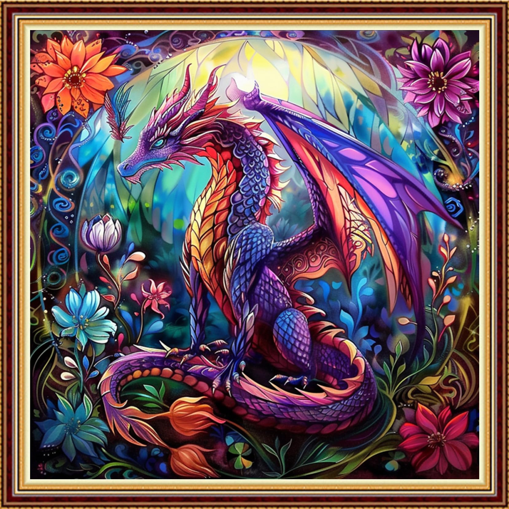 Fanxvivy Stamped Counted Cross Stitch Kits for Adults Printed Cross-Stitch Patterns 11CT Stamped or Counted Cross Stitching Embroidery Kit Needlepoint Kits-Flower Colored Dragon 18x18 inch