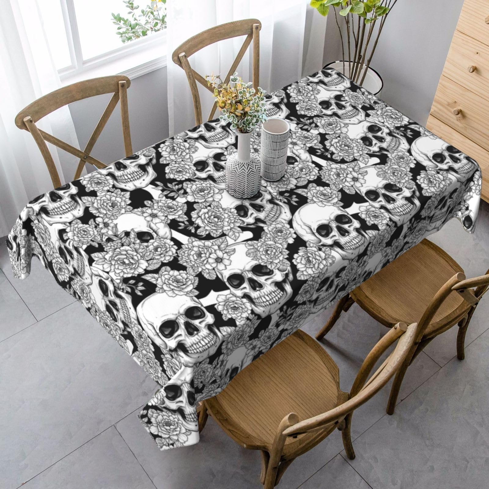 Nappe de table crâne fleurs cerises noir blanc rectangle 137x183cm imperméable