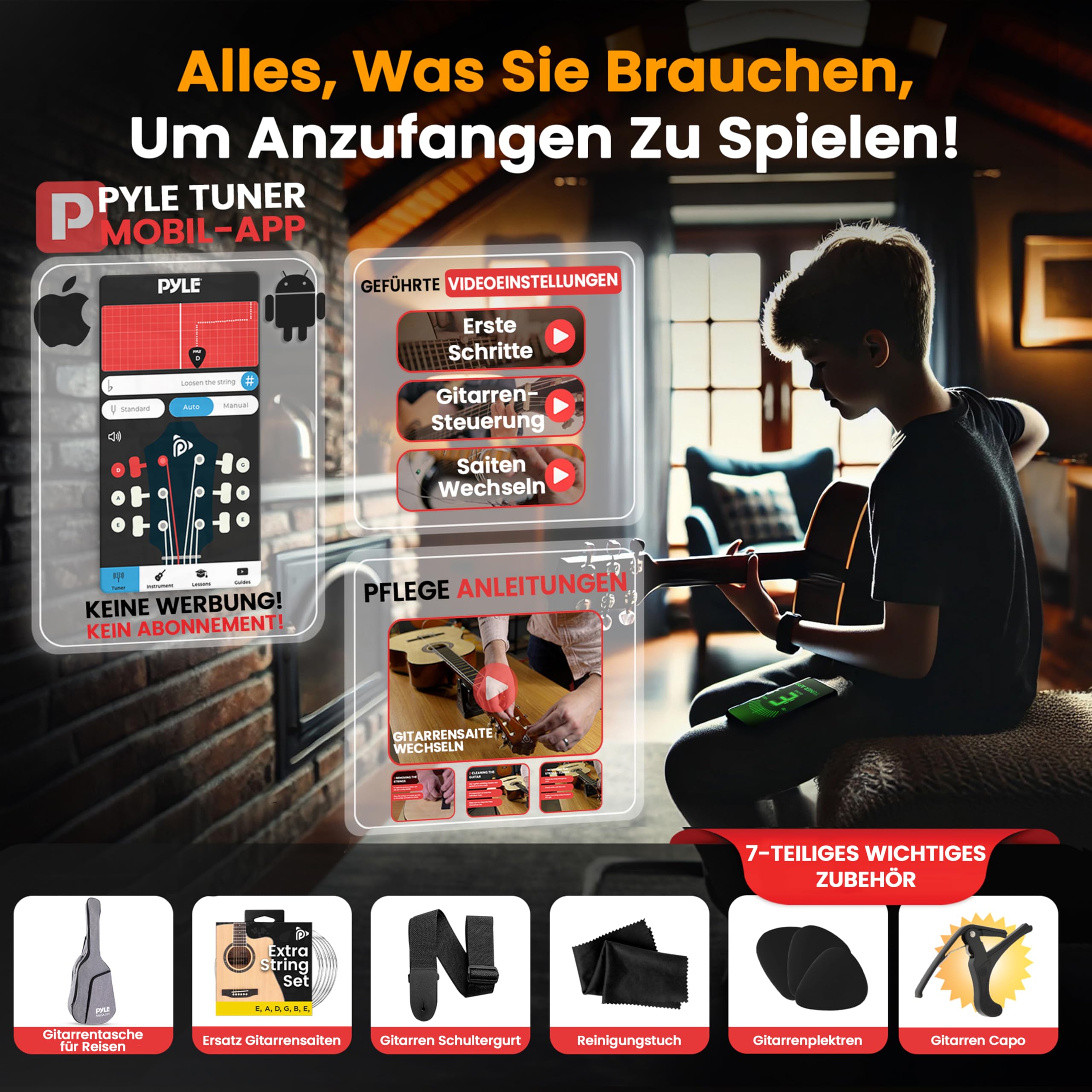 Pyle Cutaway-Akustikgitarre, Rechtshändig, 4/4 Größe, Natur
