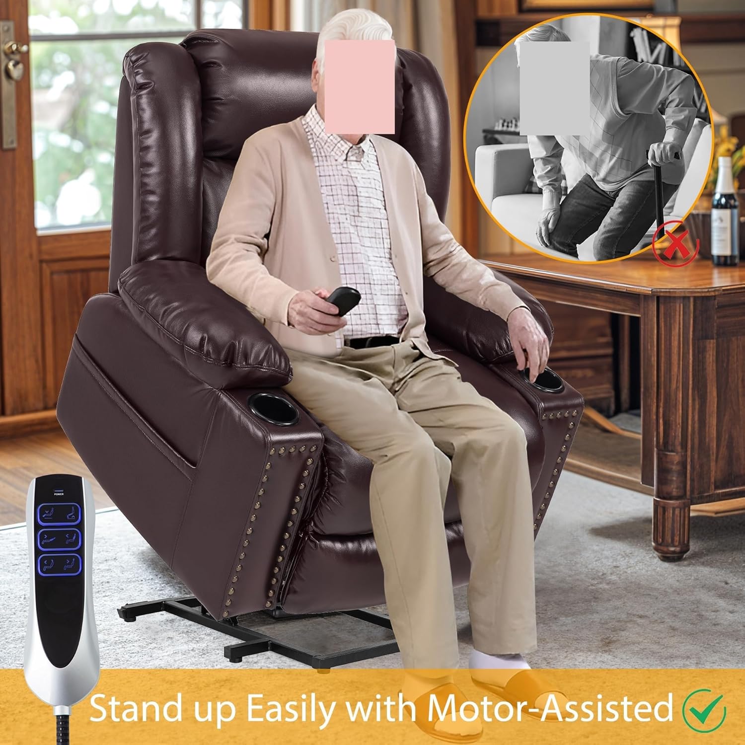 Lay Flat Lift Chairs Brown USB&Type-C Ports for Elderly with Heat and Massage Triple Motor Large Power Lift Recliner Chair Extended for Seniors Infinite PositionFootrest Cup Holder