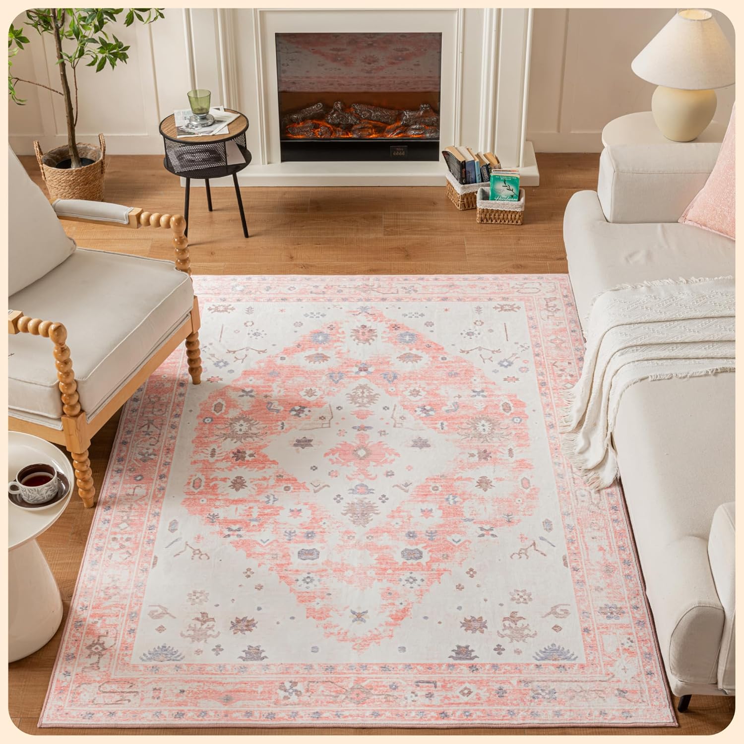Istana 5x7 Area Rug - Pink Rugs for Living Room 5x7 - Foldable Rugs for Bedroom - Stain Resistant Washable Rug - Eco-Friendly Boho Area Rugs - Easy to Clean Living Room Rug 5' x 7' (Rectangular) Pink / Cream