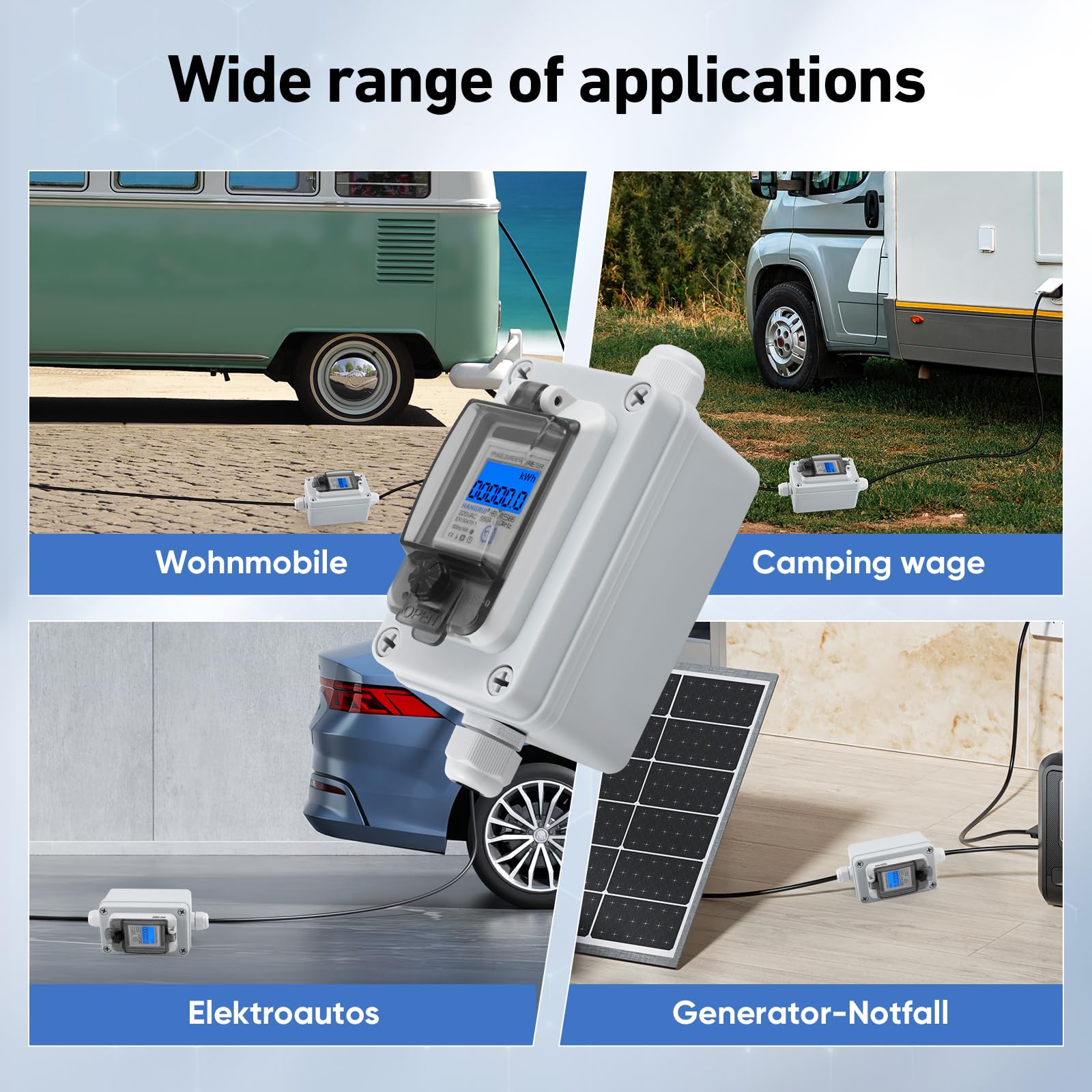 Compteur d‘Énergie Mobile IP67 Étanche, Prise CEE 16A, Surveillance de la Consommation en Temps Réel, Mémoire Anti-Coupure, pour Camping-Car, Van & Voiture Électrique, Câble Caoutchouc 3m