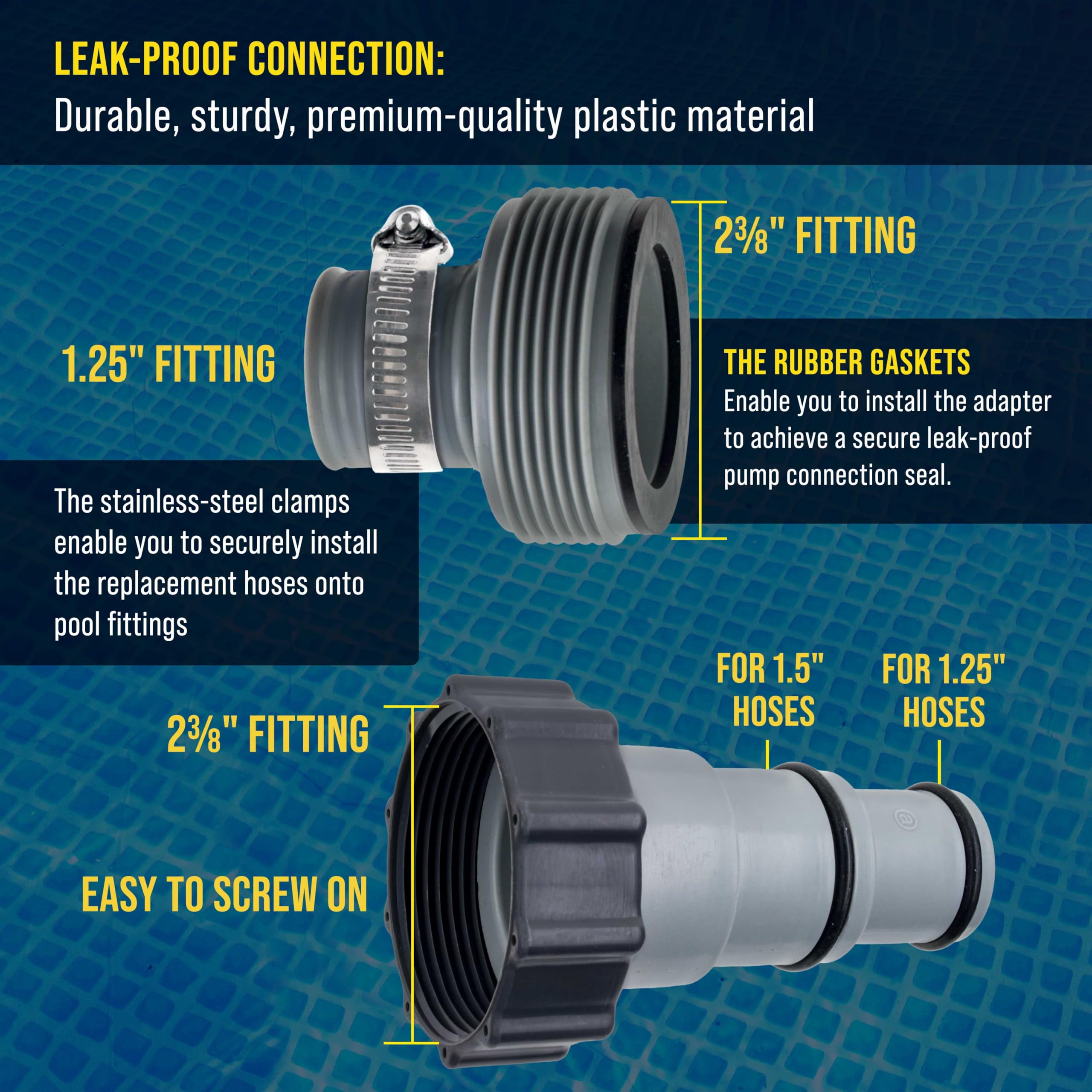 U.S. Pool Supply Adaptador de manguera de piscina A B de conversión de 1.25 a 1.5 pulgadas, conector de manguera con abrazaderas, paquete de 2 – Reemplazo sobre el suelo compatible con bombas de