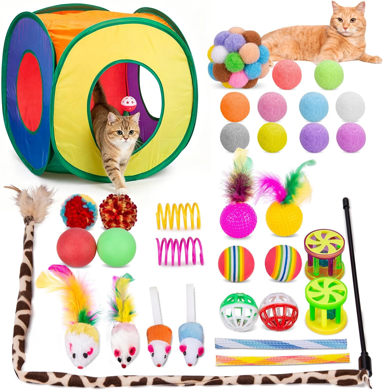 Retro Shaw 33Pcs Cat Toys Pack for Indoor Cats Kitten, with Cube Tunnel