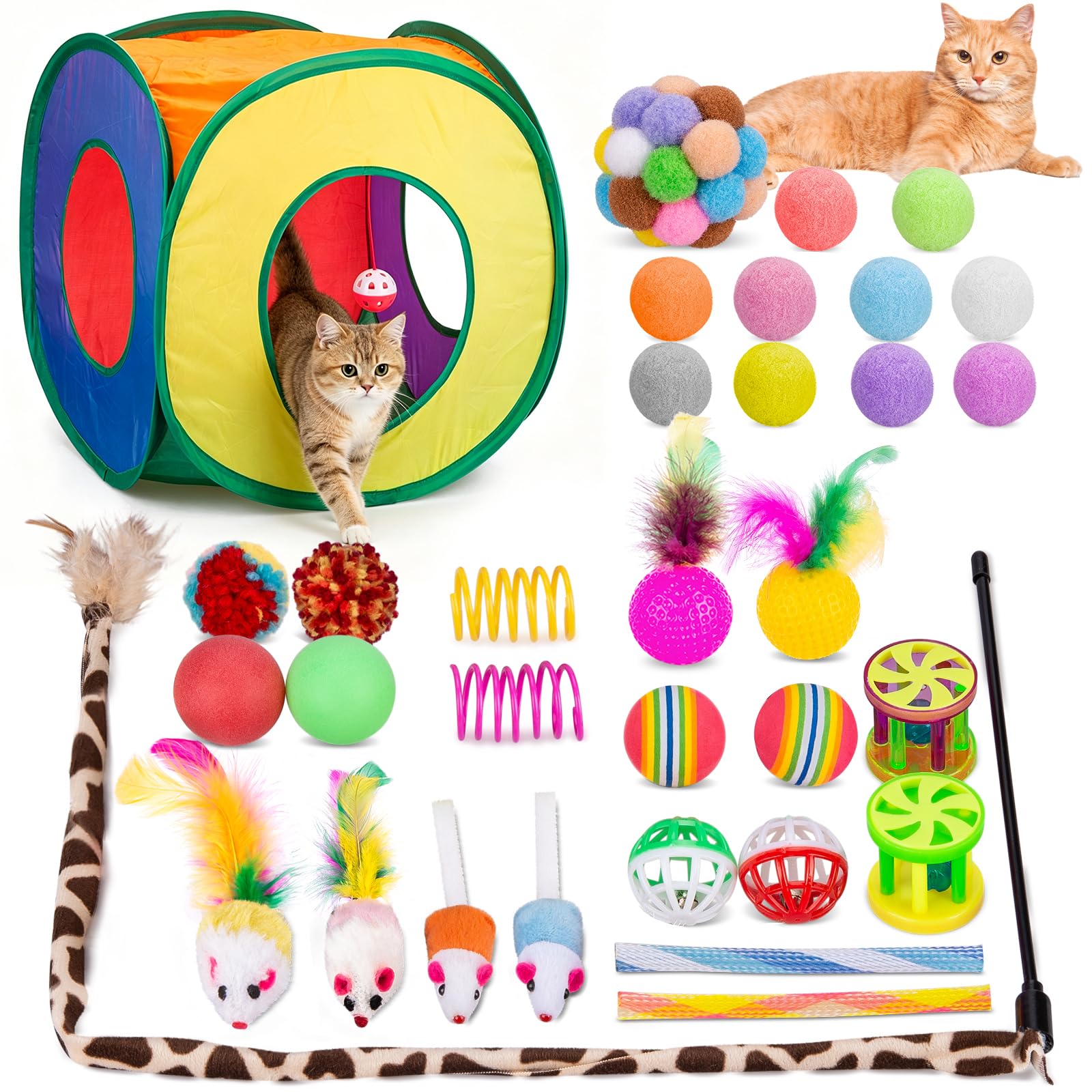 33Pcs Cat Toys Pack for Indoor Cats Kitten, with Cube Tunnel