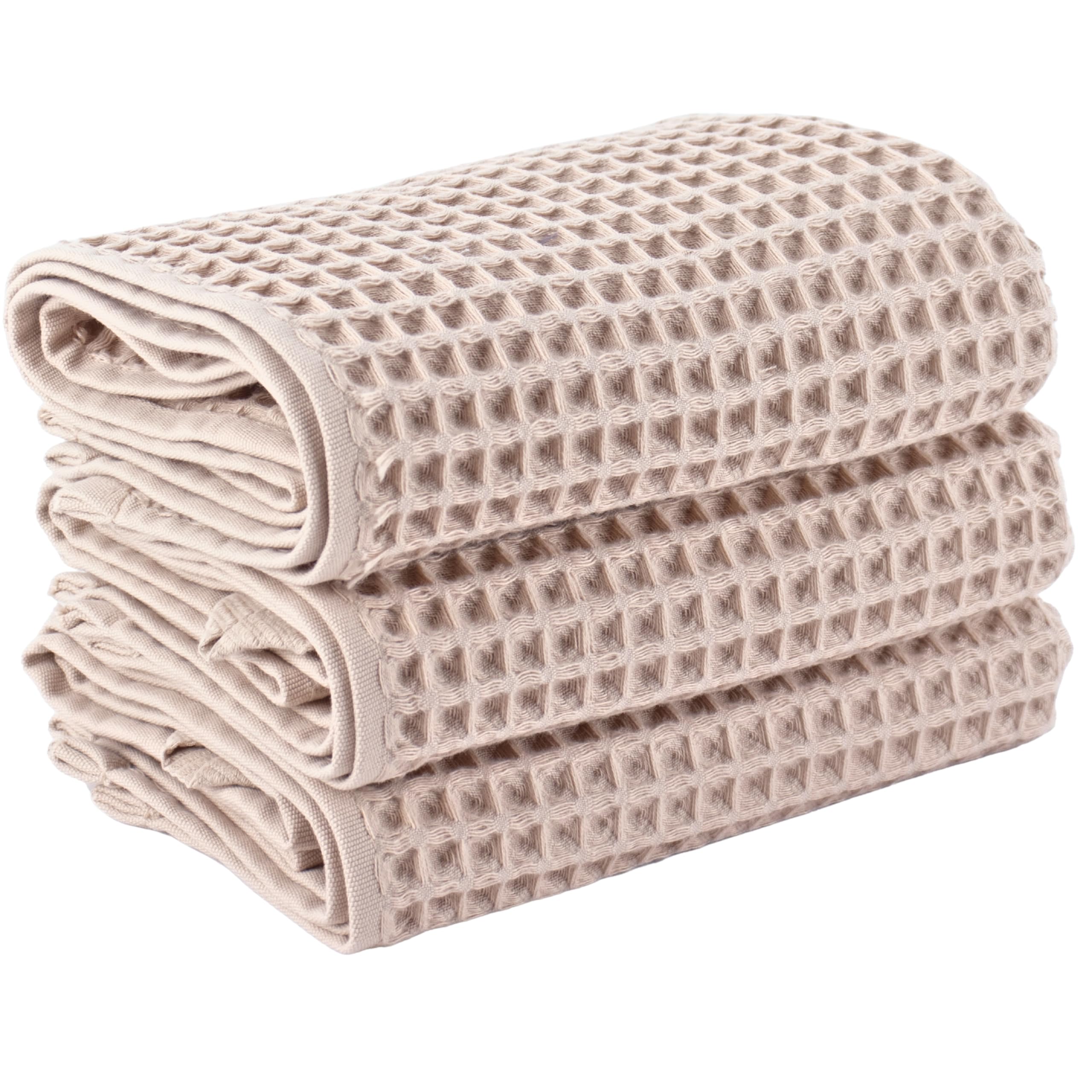 PÜSKÜL Natural 100% Turkish Cotton Waffle Kitchen Towels Set of 3 | Oeko-Tex, Premium Waffle Hand Towels for Bathroom | Soft Absorbent Quick-Dry Lint-Free Dish Towel Large 32x16 inch (3, Beige)