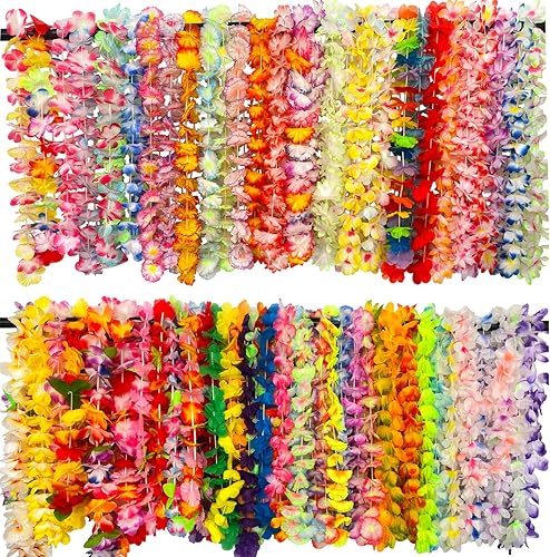100 unidades de flores hawaianas Leis para decoraciones de fiesta temática Luau, juego a granel de collar de flores de seda Leis temática tropical,
