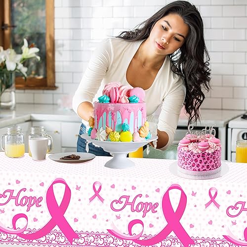 Miniatura 3 de Mantel de cáncer de mama, manteles de plástico para fiestas, mantel desechable de cinta rosa para decoración de suministros para el día del cáncer