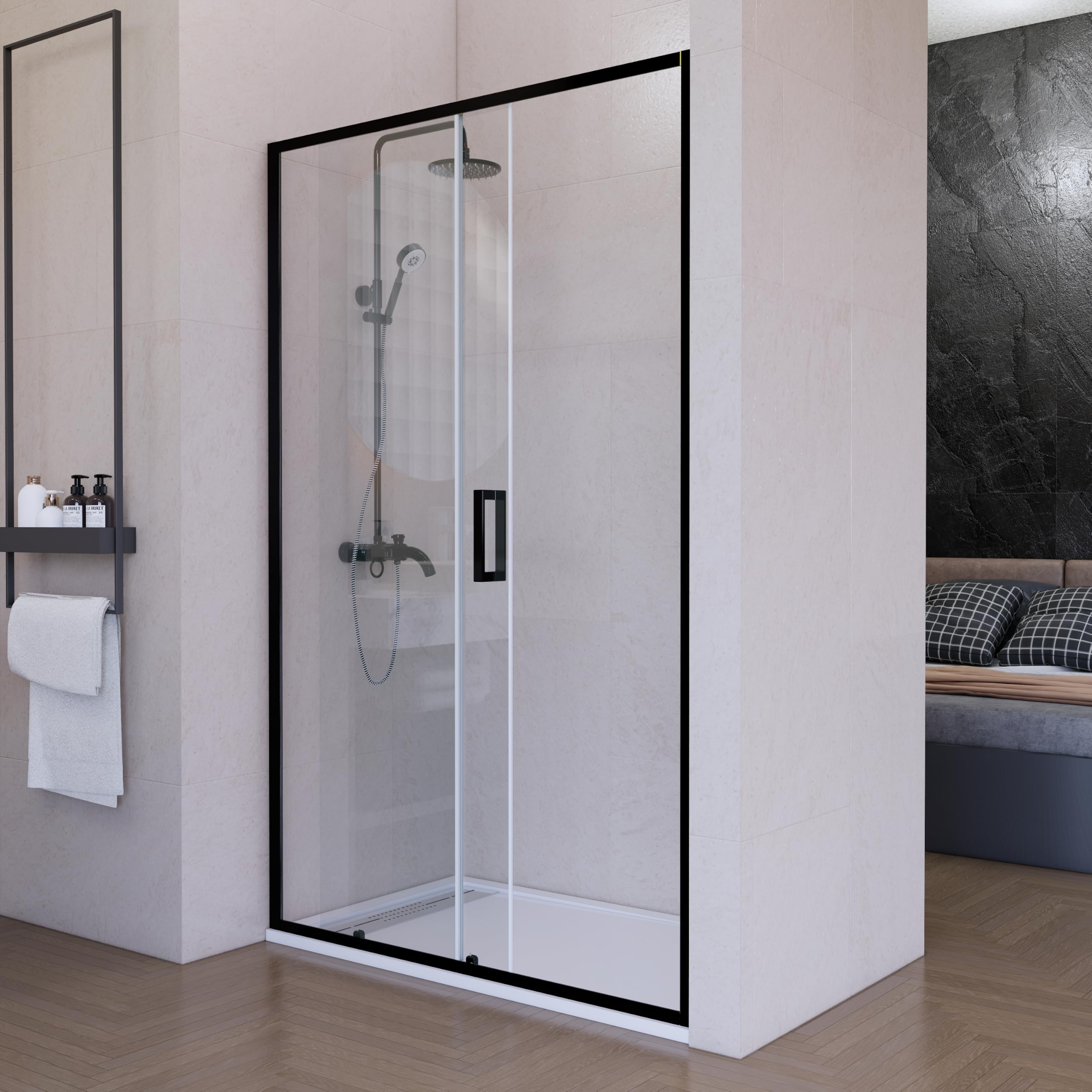 Mampara de ducha frontal corredera 135 cm 1 puerta + 1 fijo Negro mate Cristal transparente 6 mm con perfil inferior 195 cm altura