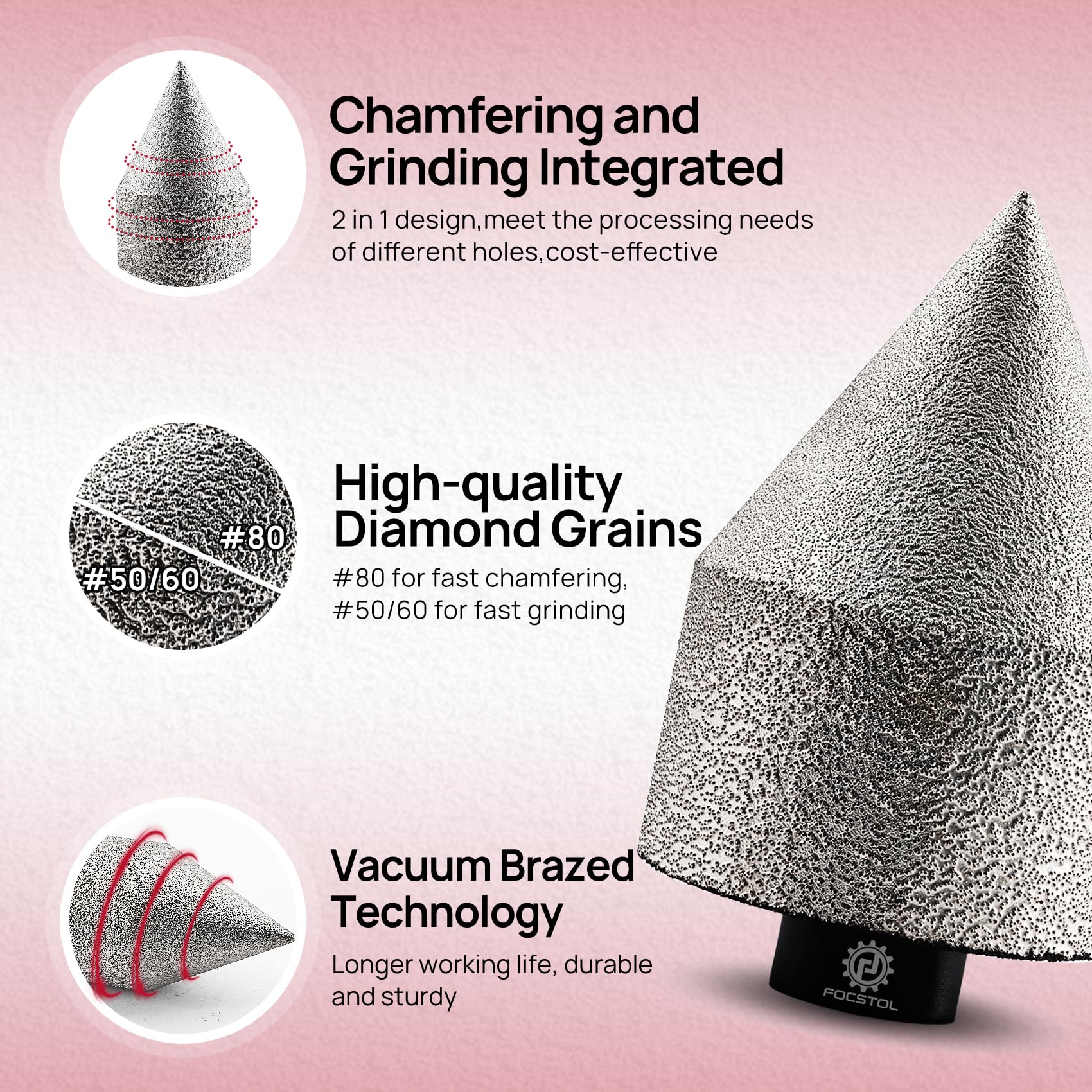 Brocas Chaflán Biselado Diamante 50mm - FOCSTOL Broca Fresado Diamante para Porcelánico Cerámica Mármol Granito M14 Rosca
