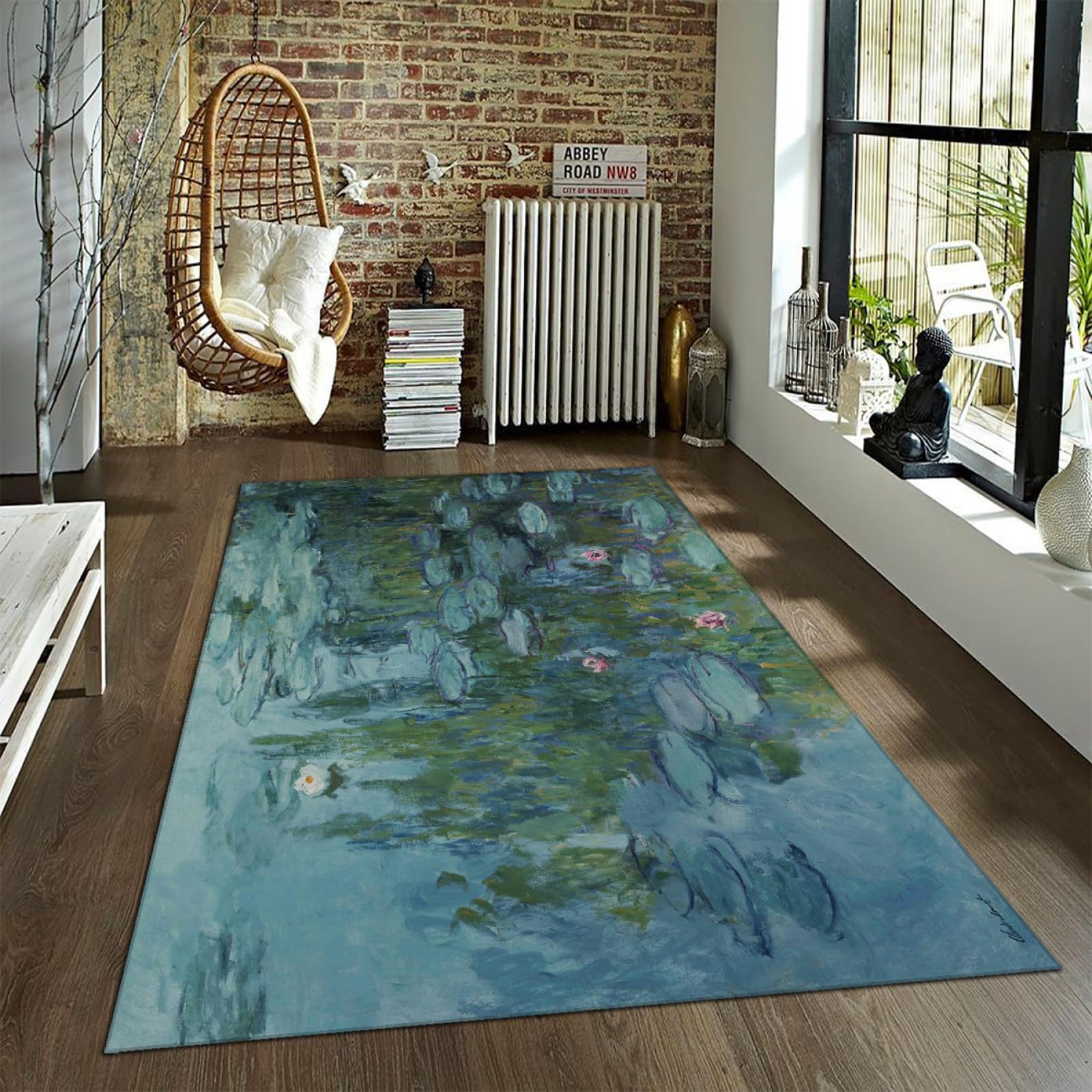 LANDERSION Claude Monet Rug Water Lily Rug Artwork Theme Rug for Bedroom Living Room Decorate Art Lovers Gift Rug Blue Non Slip Area Rug Floor Mat 4'7