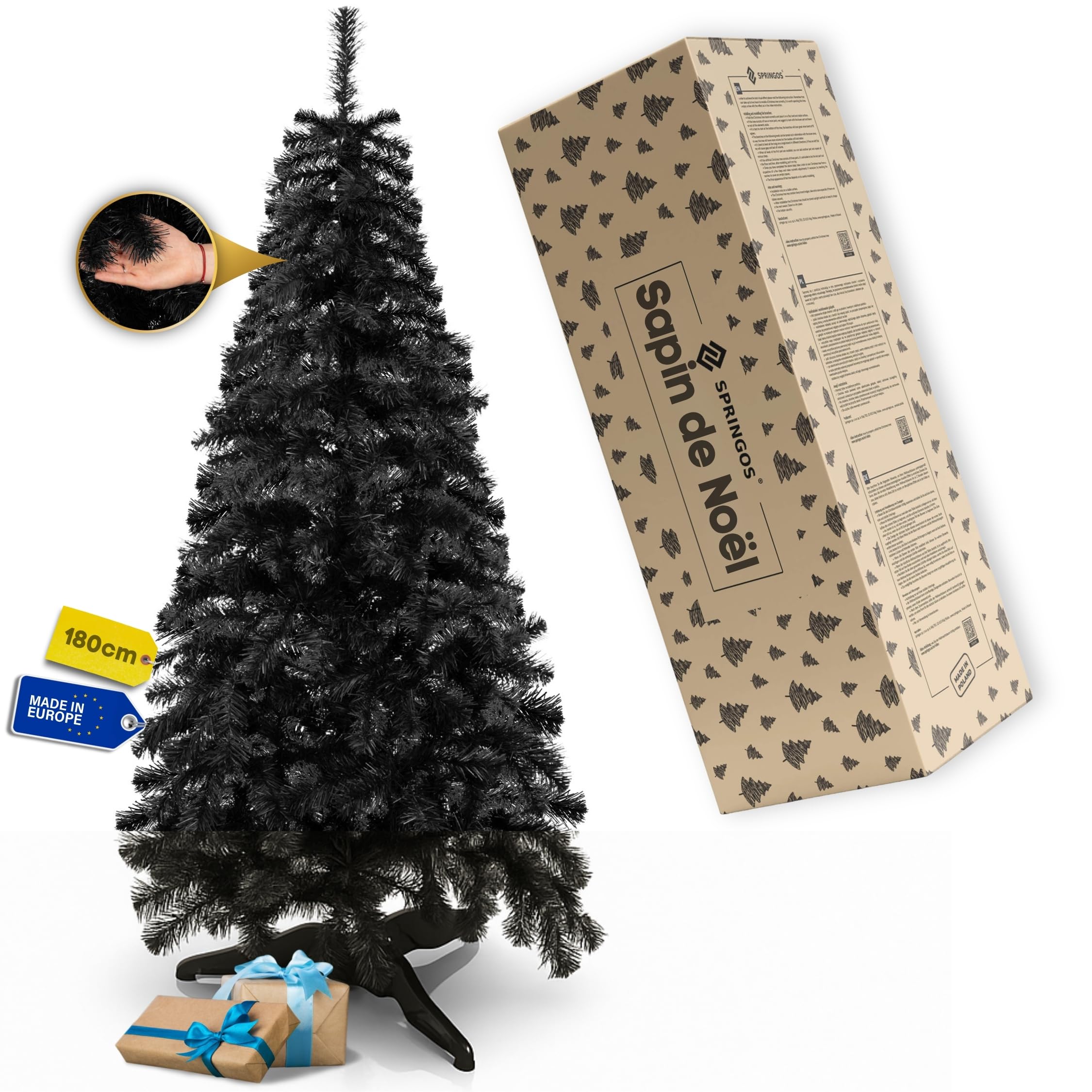 Springos Sapin de Noël artificiel 180 cm – Sapin de Noël noir Premium Deluxe, dense et réaliste comme un vrai, avec socle stable et carton, arbre de Noël artificiel moderne pour une décoration de Noël