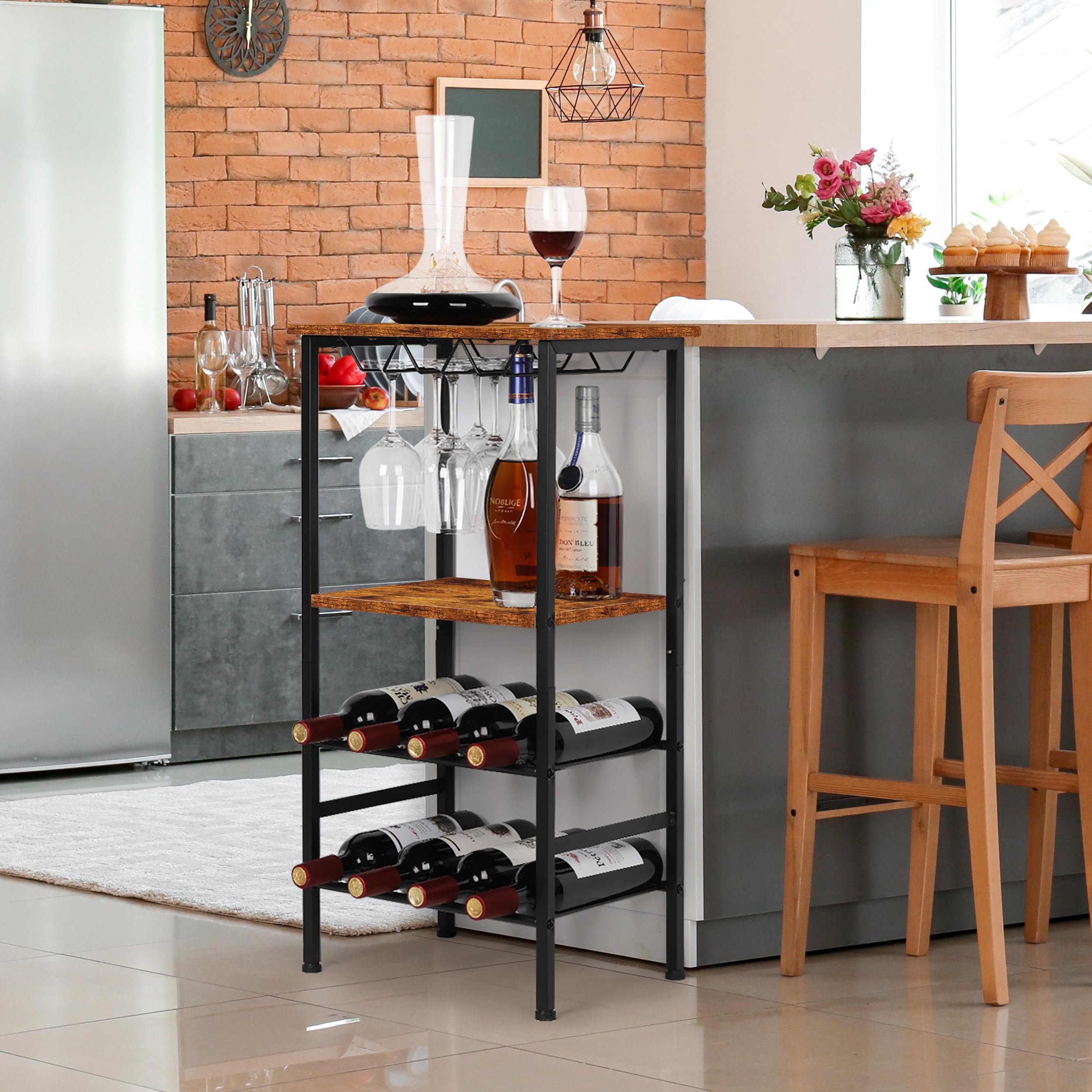 Mensola per vino indipendente per bar del vino con supporto in vetro e tavolo, 8 bottiglie, tavoli in legno con ripiani, organizer per bottiglie di vino a 4 livelli (marrone)