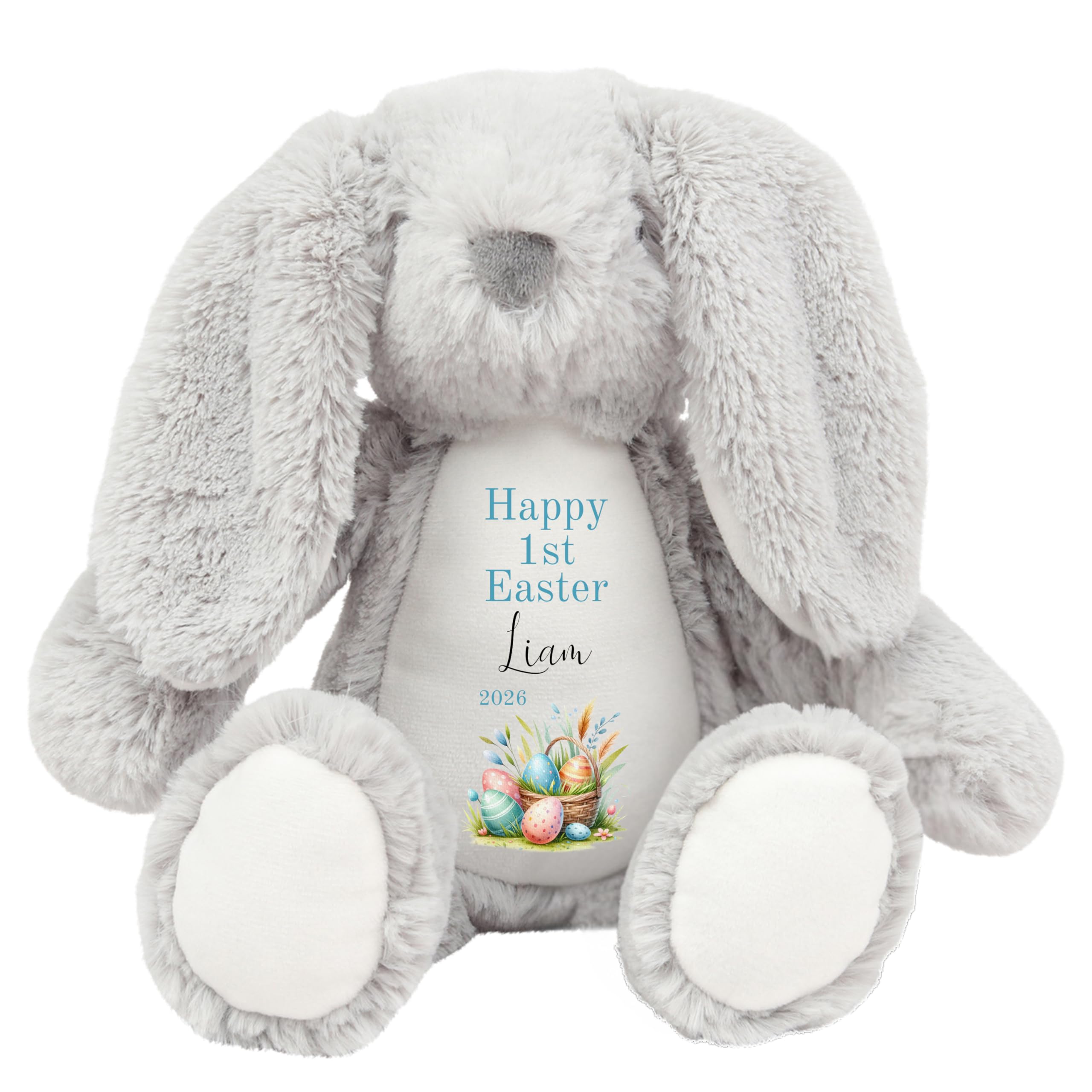 HotScamp Personalised Easter Bunny with Name - Happy Easter Egg Basket 2026 Blue - Soft Toy for Baby, Toddler, Child, Kids, Babies Spring Time - Blue Letter Grey Bunny