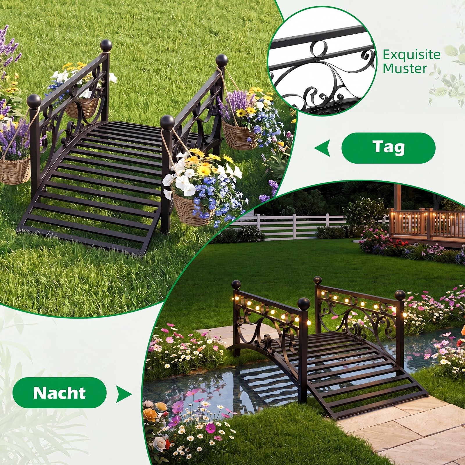 COSTWAY Brücke aus Metall, 101,5 cm, Teichbrücke 150 kg belastbar, Gartenbrücke mit dekorativen Geländern, Metallbrücke Antik-Optik, stabil und wetterfest, Zierbrücke für Garten Bach Teich, Schwarz