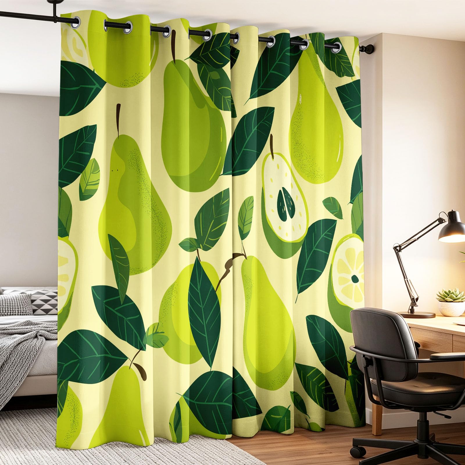Cortinas opacas con estampado de frutas, con ojales, hojas de peras, aislamiento térmico, suaves, para dormitorio, sala de estar, decoración de ventana, 52 pulgadas de ancho x 90 pulgadas de largo (2