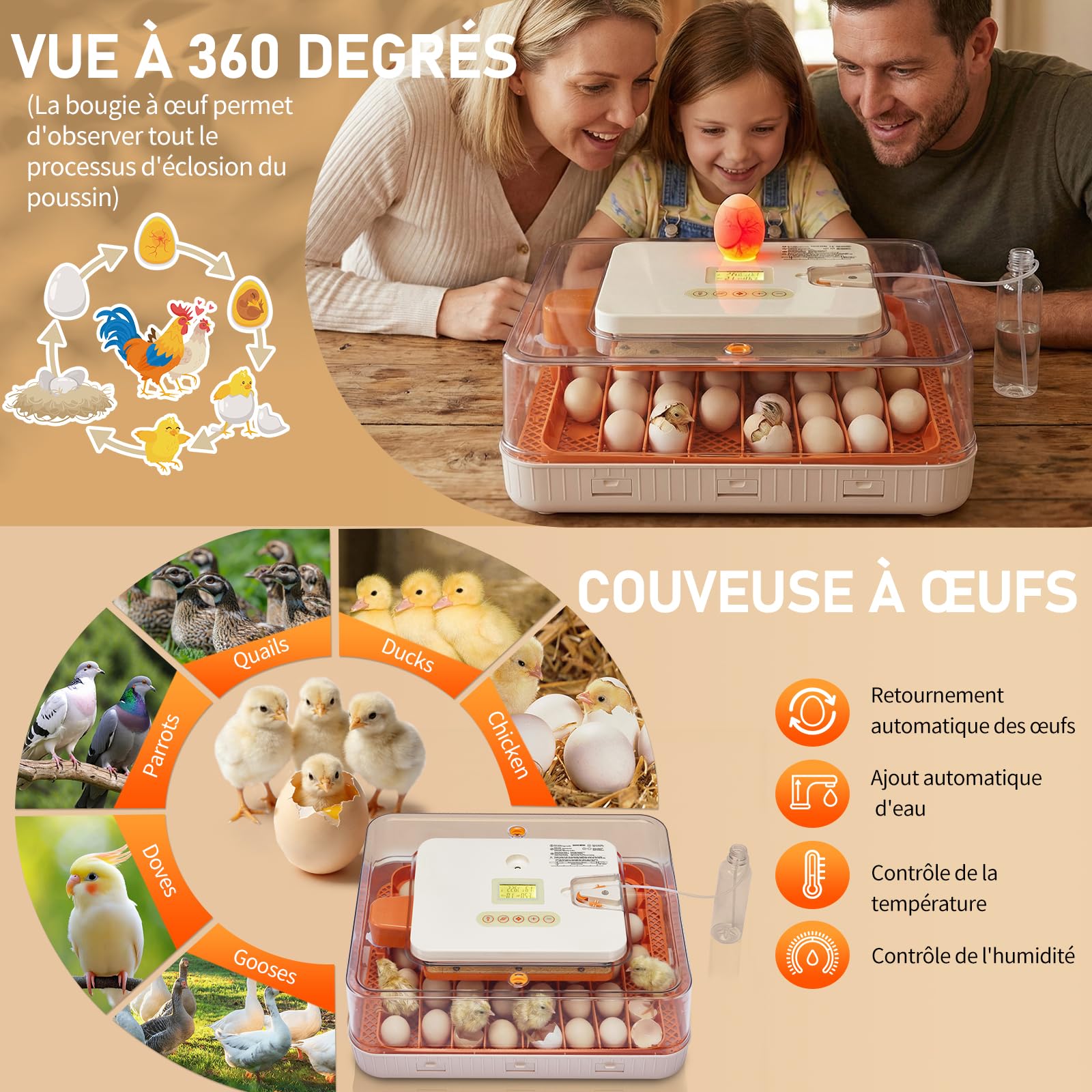 LEADZM Couveuse Oeuf Automatique 56 Oeufs | Incubateur Oeuf Automatique avec Contrôle Température, Affichage Humidité，pour Poules Canards Oies Cailles