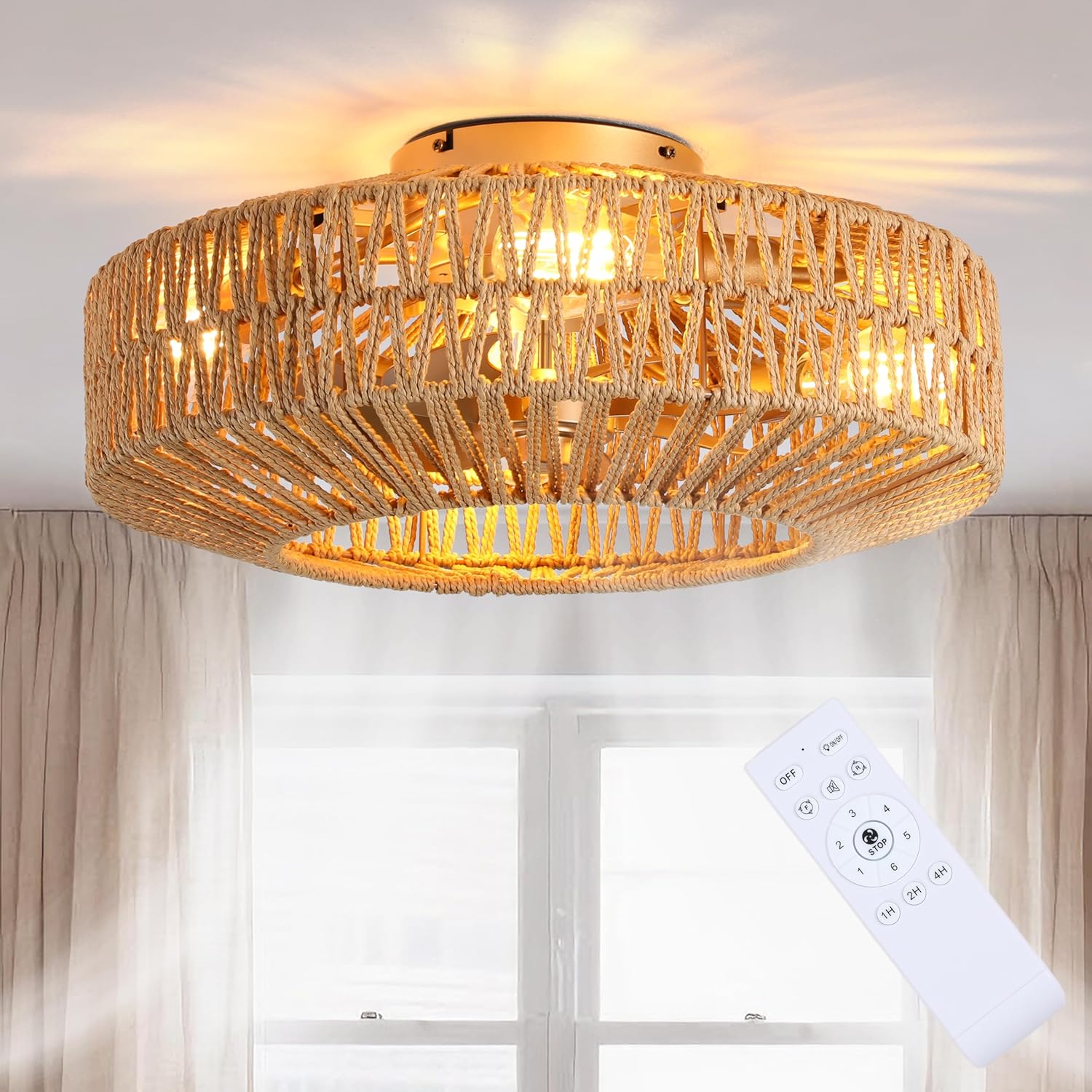 20'' Boho Rattan Fandelier with Light & Remote - Flush Mount Low Profile, Woven Caged Enclosed Ceiling Fan, 6 Speeds Reversible for Bedroom/Living Room (Low Ceiling Friendly)