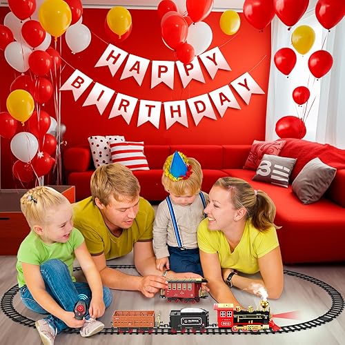 Miniatura 5 de Hot Bee Juego de tren con control remoto de juguetes de tren con humo, luces y sonido, tren de juguete con locomotora de vapor, vagones de carga y