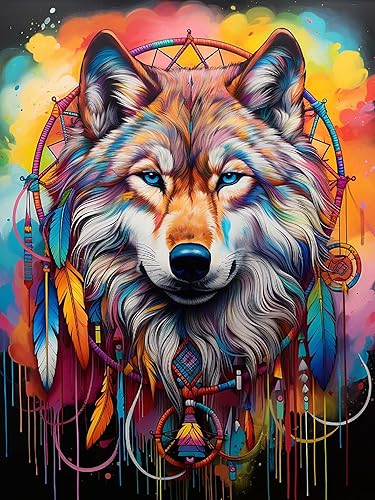 Miniatura 1 de Zariocy Kits de pintura de diamante 5D, atrapasueños, lobo, pintura de bricolaje con arte de diamante, animal redondo de taladro completo, pinturas