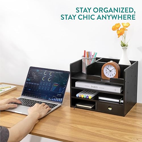 Miniatura 3 de Navaris Organizador de escritorio de bambú, cajones y compartimentos de almacenamiento de mesa de escritorio para organizar papelería, documentos,