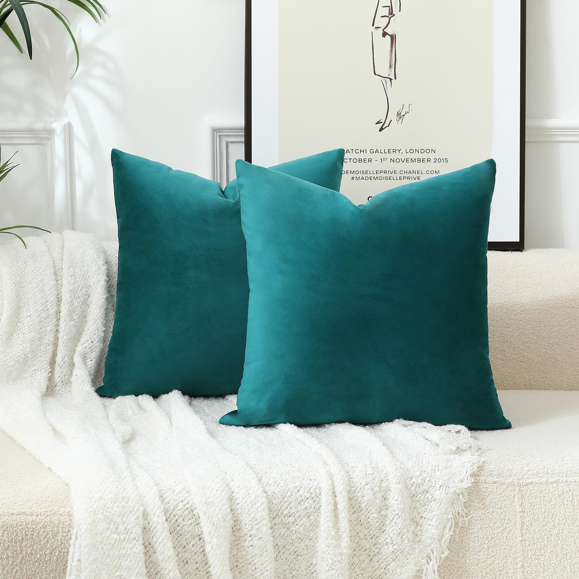stellhome soft velvet throw pillow covers square decorative cushion covers for bed couch sofa bench, 18 x 18 inch (45 x 45 cm), teal, pack of 2