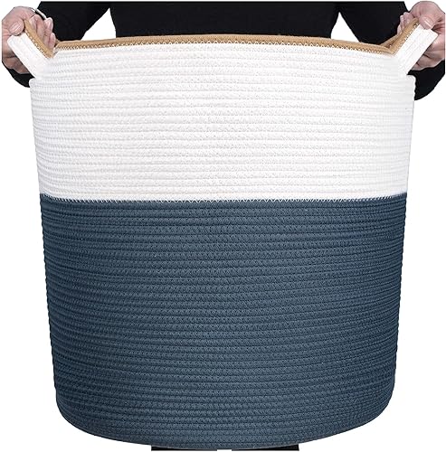 MINTWOOD Design Cesta decorativa de cuerda de algodón tejida extra grande de 20 x 18 pulgadas, cesta alta para ropa sucia, canasta para manta para