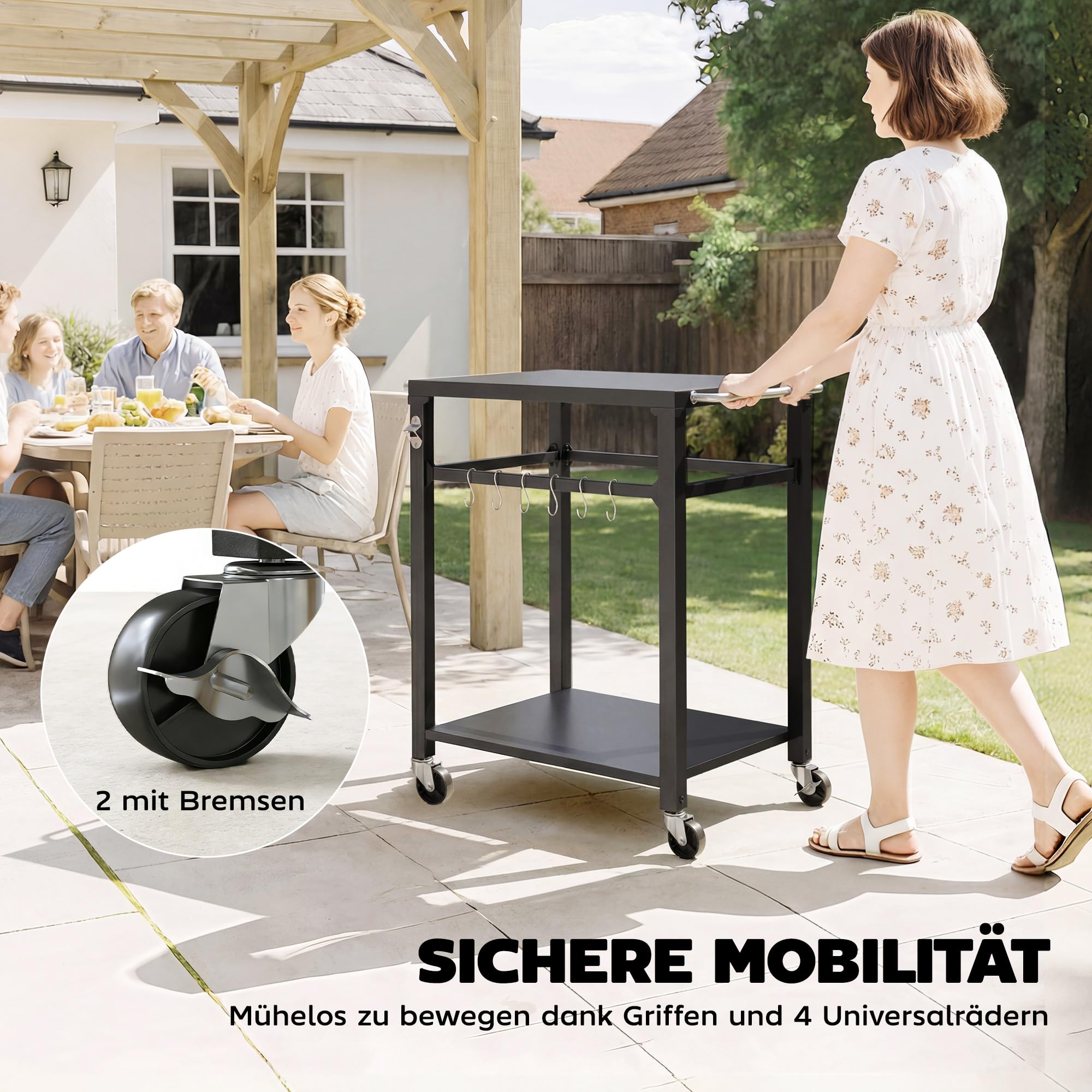 Outsunny Wózek grillowy 2-poziomowy stół grillowy z metalową powierzchnią, haczykami, uchwytami, kółkami mobilny wózek serwisowy outdoorowy stolik pomocniczy 90,5 x 55 x 88 cm Czarny