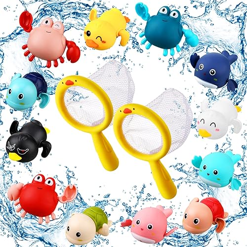 Los juegos de juguetes de baño incluyen 12 juguetes flotantes con 2 redes de pesca en forma de pato, juegos de piscina, juguete para bañera y ducha,
