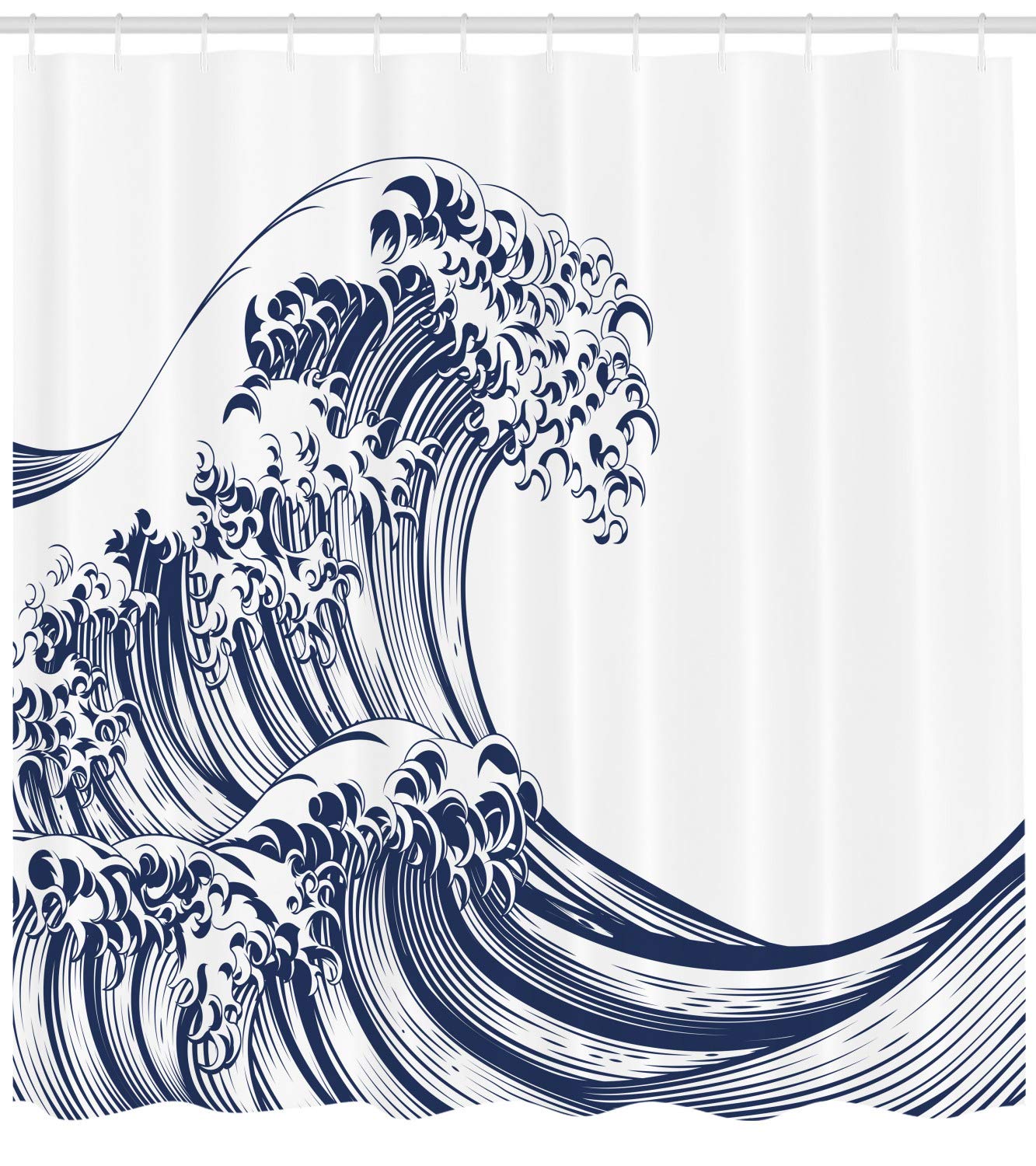 ABAKUHAUS Japanese Wave Shower Curtain, Oriental Vintage Wave Monochrome Kanagawa Inspired Antique Art - Image 2