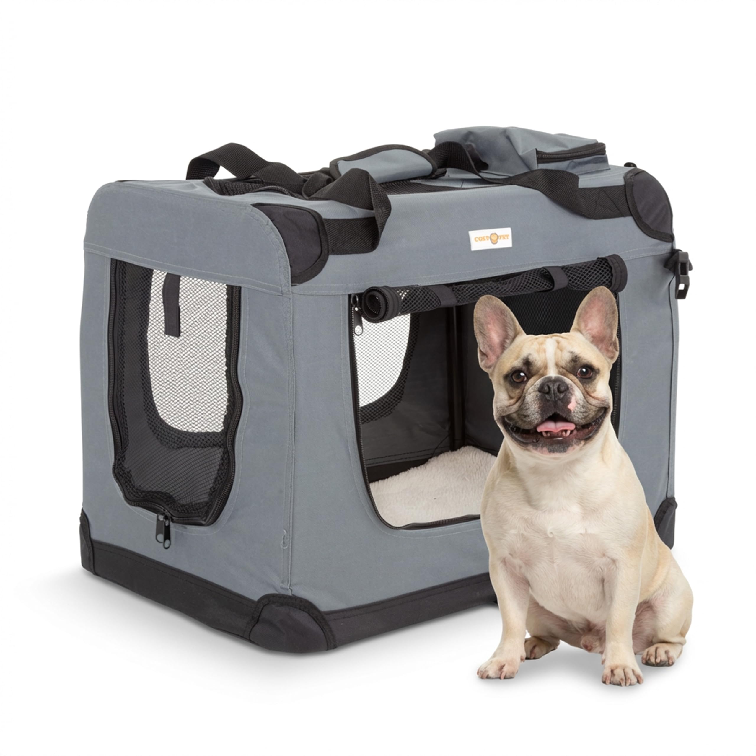 Cozy Pet Fabric Dog Crate in Grey, S Size 60cm, Cat Pet Carrier Soft Sided Travel Crate Folding Transport Travel Cage Ideal for Dogs, Puppies, Cats, Rabbits, etc. FDC-S-GR
