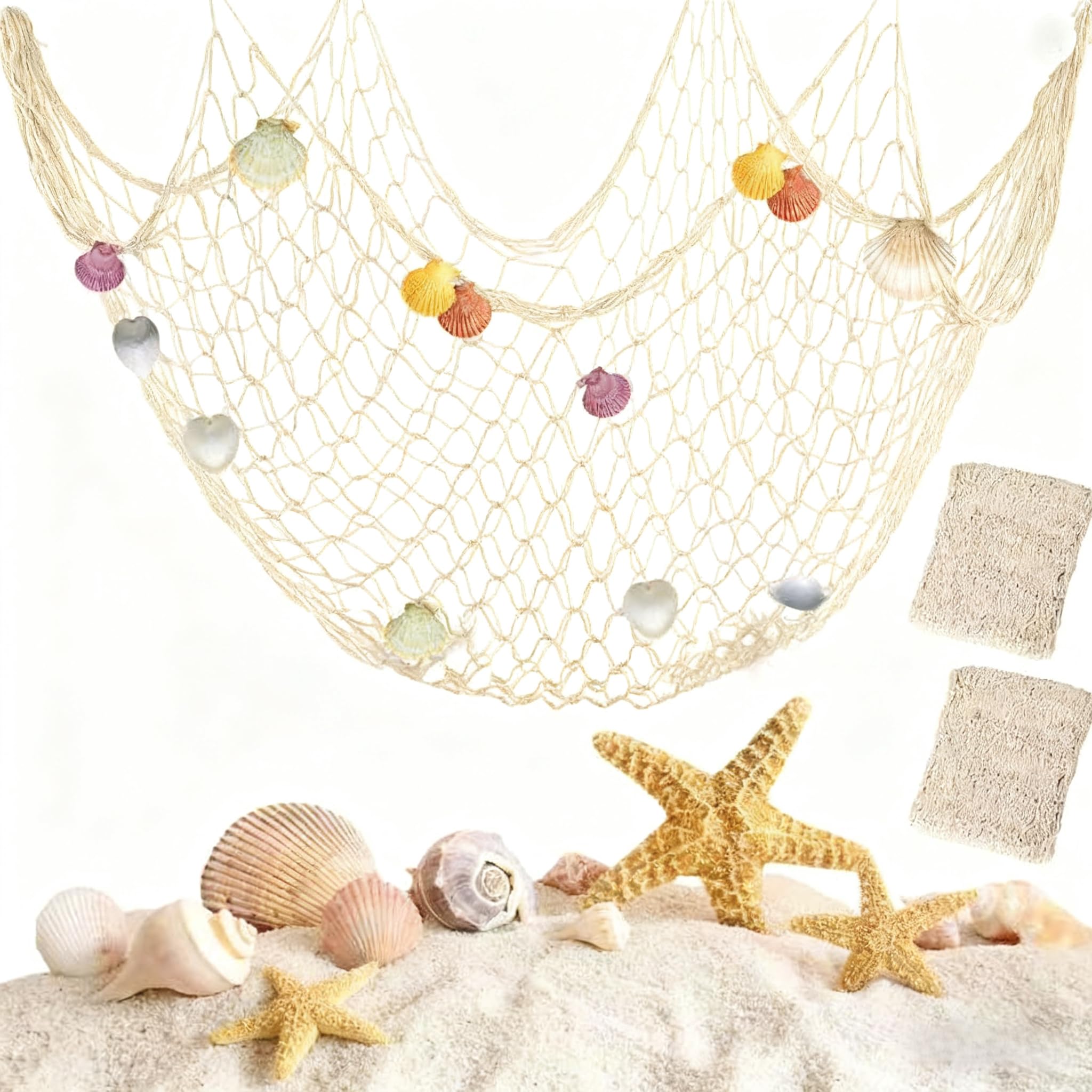 Tonsitian Fischernetz Deko mit Muscheln, 2m x 1.5m Maritime Dekorative Fischernetz Wandbehang Fotometz Mittelmeer Stil Fischnetz für Party Zuhause