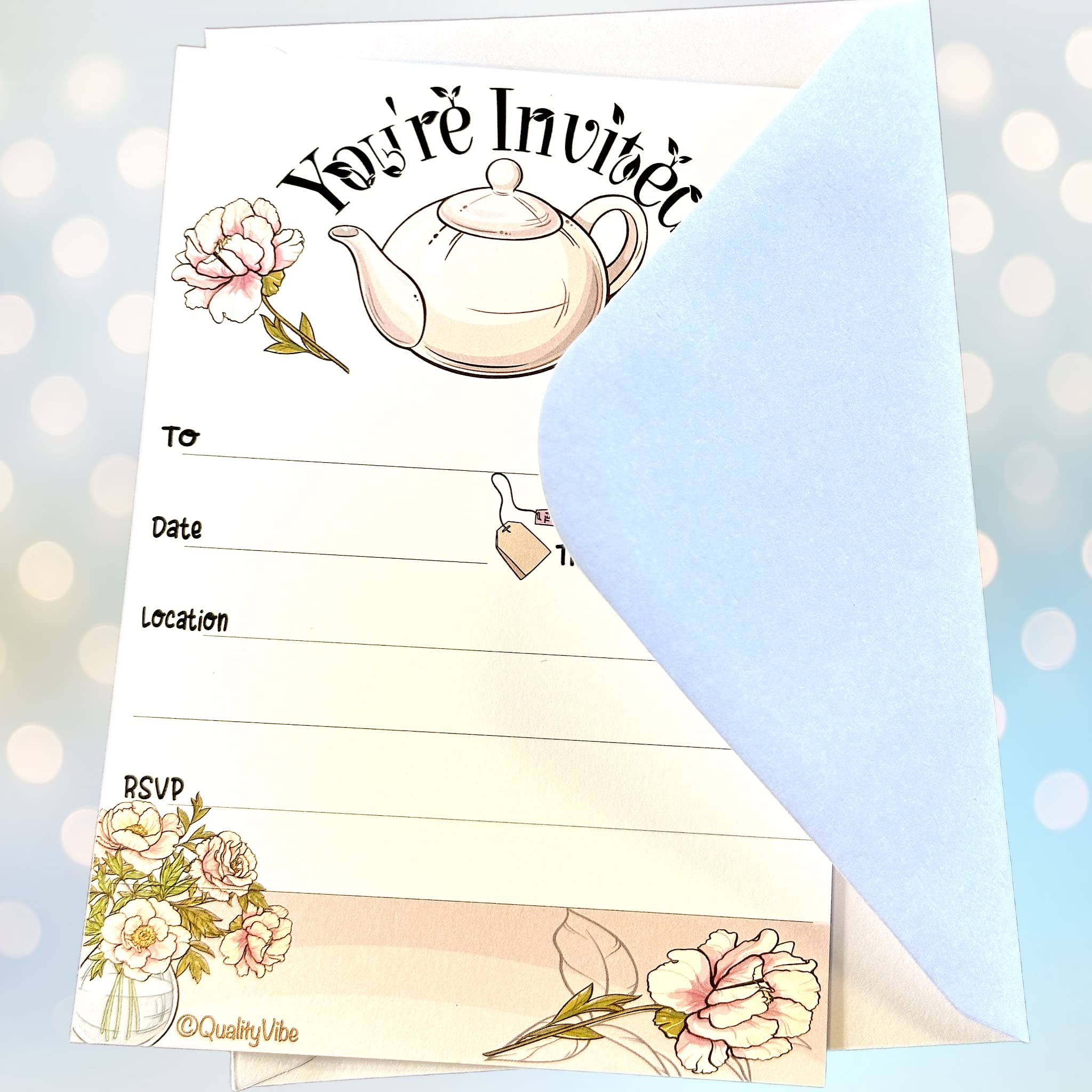 Invitaciones para fiestas de té, 25 invitaciones con tetera grande y flores, incluye 25 sobres para fiestas de niñas, compromisos, despedidas de soltera, baby shower o cumpleaños, té alto. Tarjetas