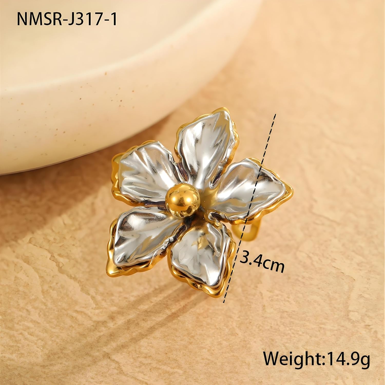Flower Ring, Gold Silver Mixed Metal Chunky Flower Rings For Women Dainty Fashion Ring Floral Hibiscus Adjustable Waterproof Non Tarnish Stainless Steel Jewelry Gift - Image 6
