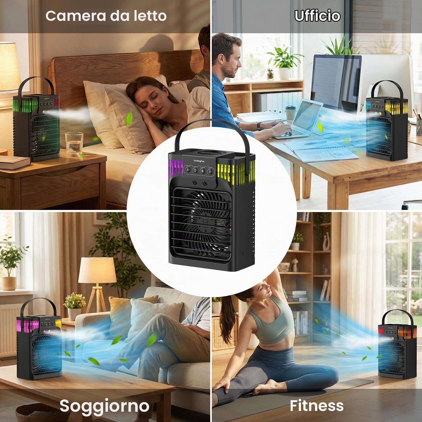 Climatizzatore mobile 4 in 1, con telecomando, 3 velocità, 3 modalità di nebulizzazione, serbatoio dell'acqua da 1200 ml, timer da 2 a 8 ore, luce notturna, mini condizionatore per stanza