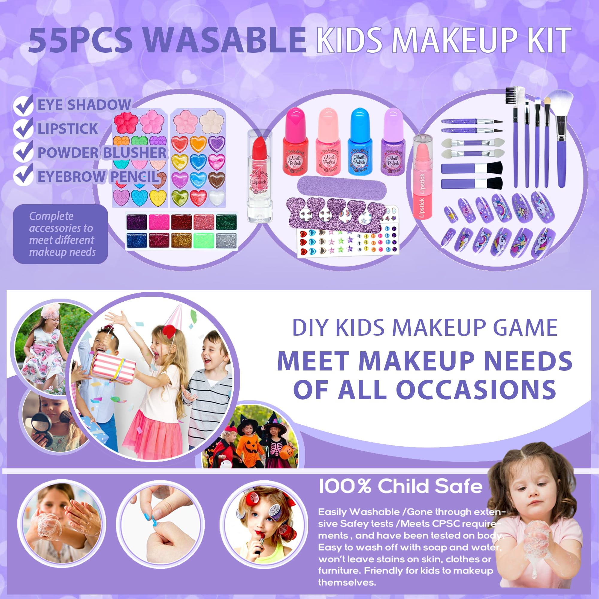 Juego de maquillaje infantil para niña, lavable, juego de maquillaje, juguetes, caja de maquillaje, juguetes, Halloween, Navidad, cumpleaños, 4-12 años, color lila