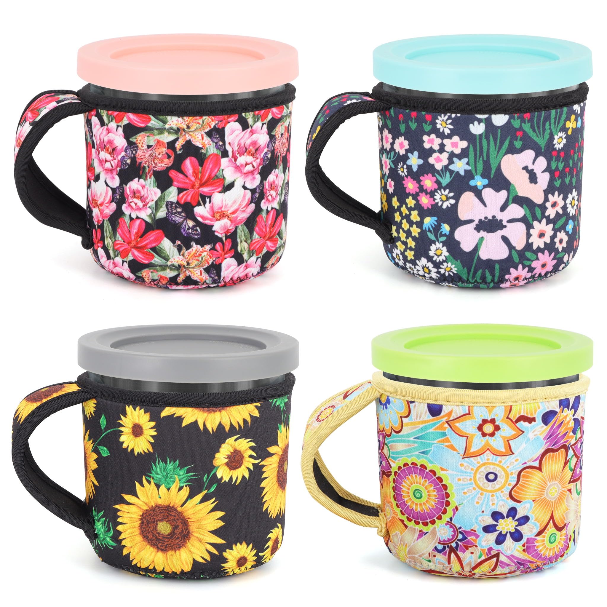 4Pack Reusable Ice Cream Sleeves with Handle, Neoprene Insulated Sleeves for Ninja Creami Pints, Talenti Ice Cream Pints, Frozen Desserts (Floral Meadow)
