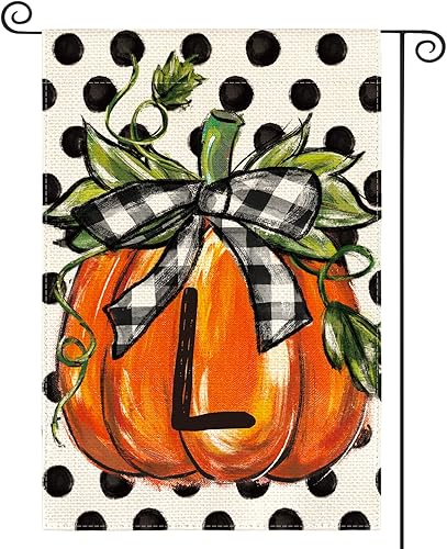 Miniatura 22 de AVOIN colorlife Bandera de jardín con monograma de otoño con letra C, diseño de calabaza, con diseño de lunares, 12 x 18 pulgadas, doble cara