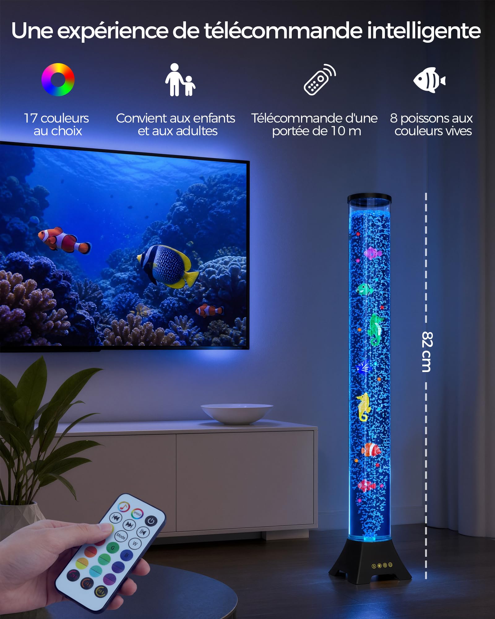 Radikor Colonne d'eau LED avec poissons, lampe Bubble Fish avec 2 pompes à air et 50 % de bruit en moins, 17 couleurs, télécommande de 10 m, lampe à bulles pour apaiser l'autisme/le TDAH, décoration
