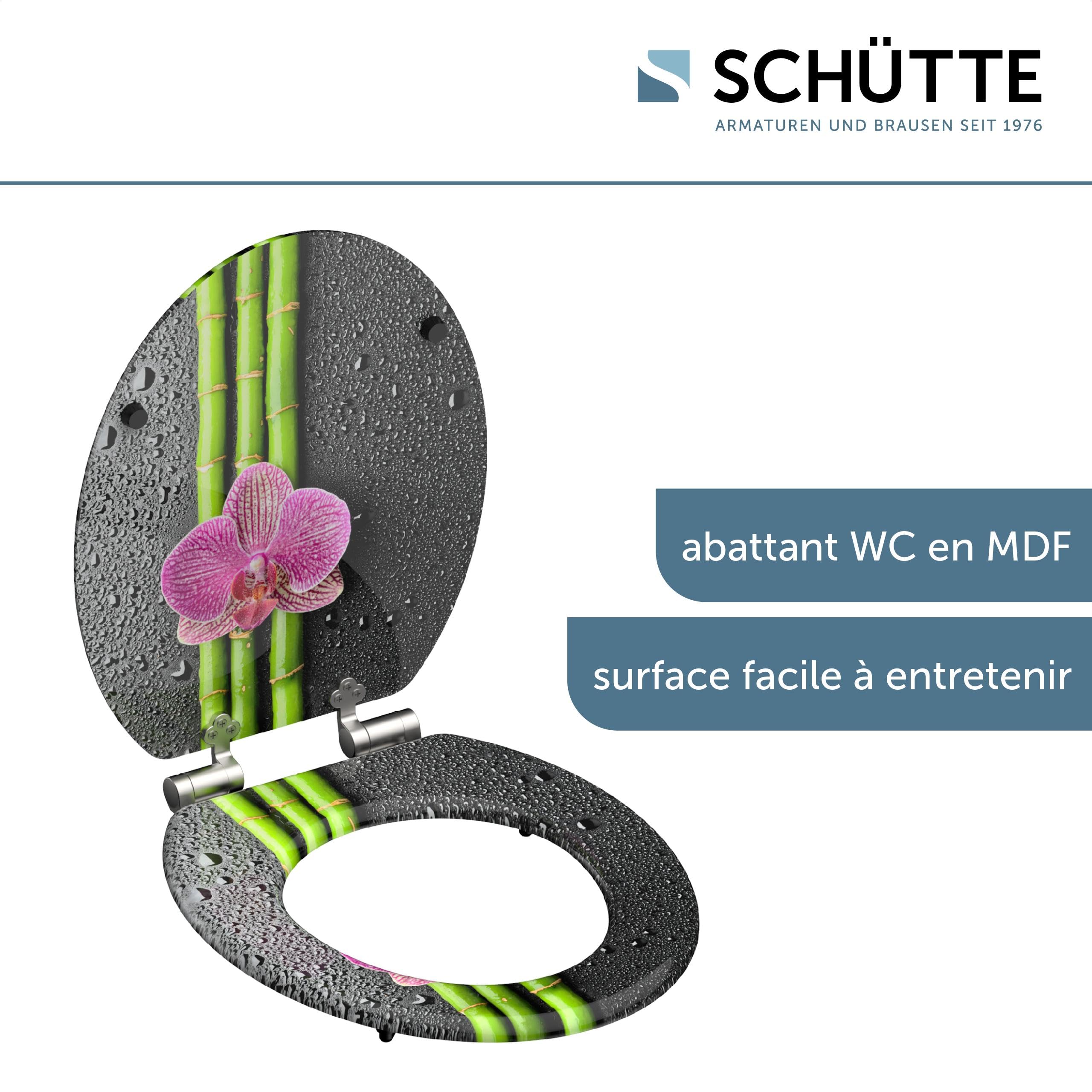 Schütte ASIA 80121, Abattant WC avec noyau en bois (MDF) et système d'abaissement automatique, motif de fleurs imprimé sur 3 faces, compatible avec toutes les cuvettes WC standard
